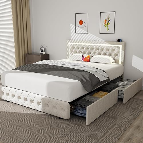 Miniatura 3 de Ucloveria Base de cama tamaño Queen con 4 cajones de almacenamiento, base de cama de plataforma con carga rápida, cabecera capitonada con botones