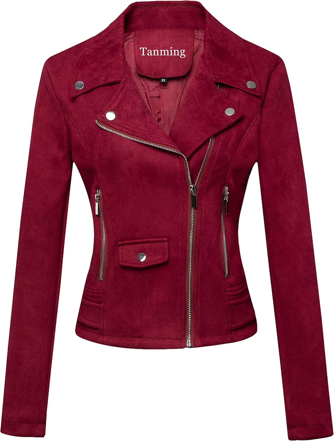 Tanming Women's Faux Leather Moto Biker Short Coat Jacket H Suede-winered Small