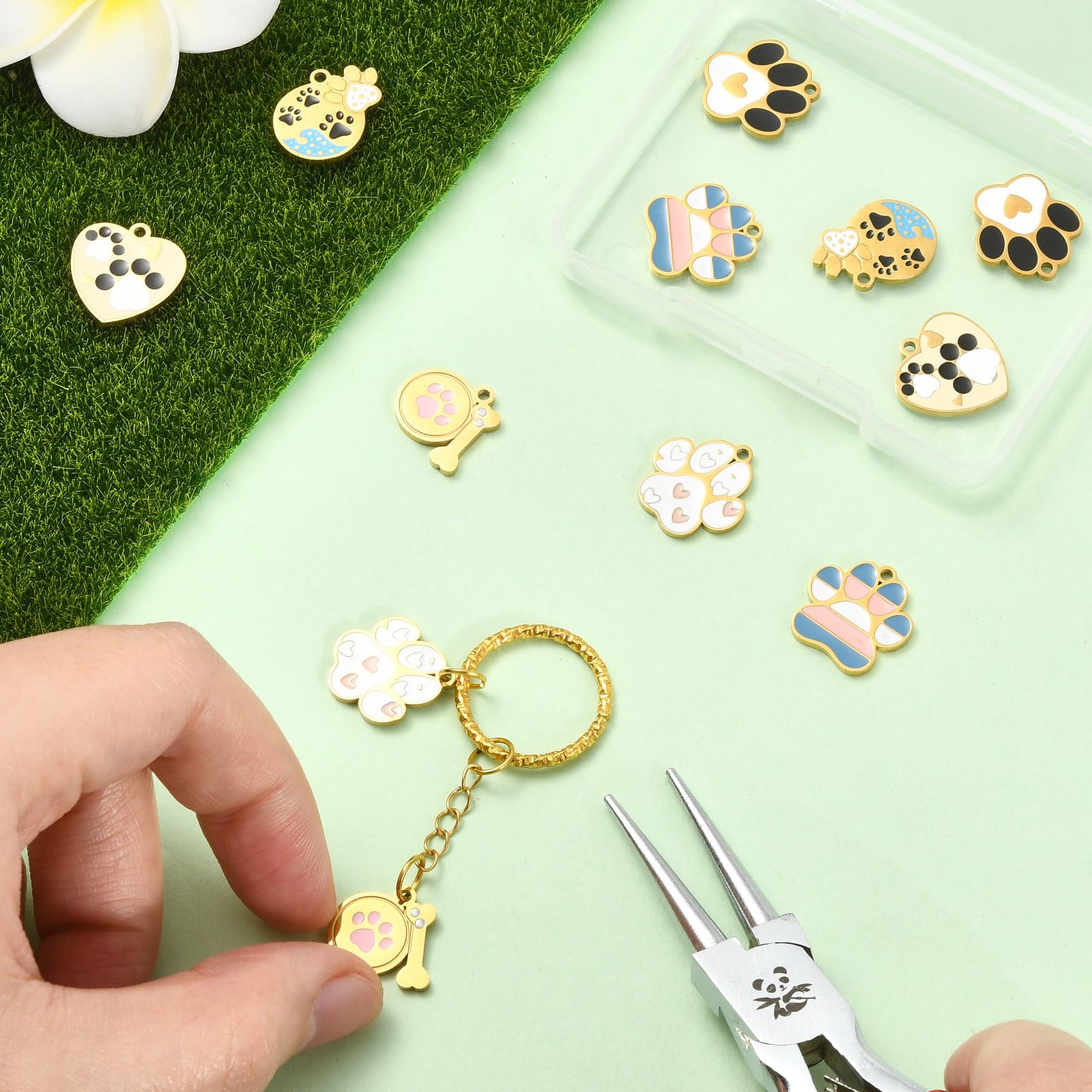Set di 12 ciondoli a forma di zampa, per braccialetti in acciaio inox, colorati con stampa di zampe di cane, in metallo smaltato, per la creazione di gioielli, orecchini, bracciali e