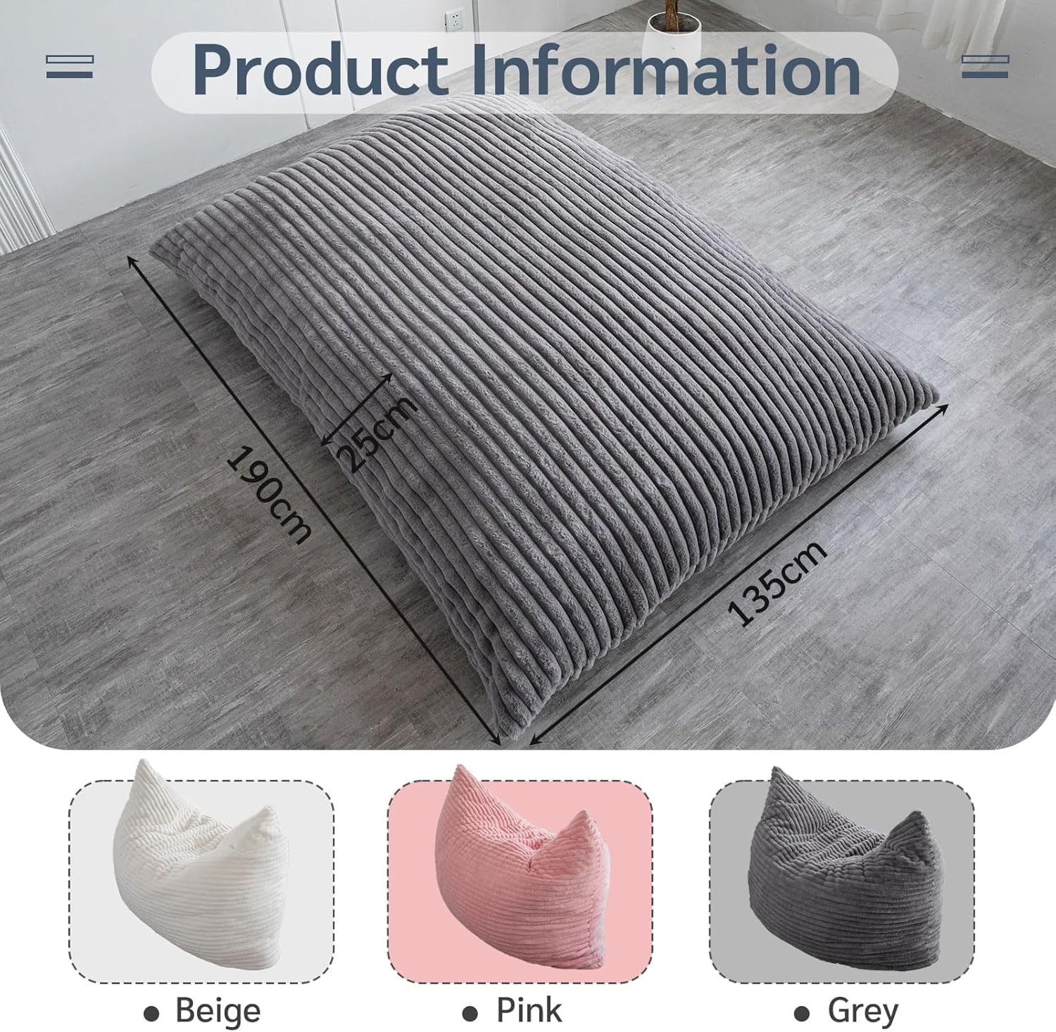 MAXYOYO Riesiges Sitzsack-Bett, quadratischer Sitzsack-Stuhl, großes Sofa mit Kunstfellbezug und Flauschiger Füllung für Erwachsene, Paare, Gäste (3D Streifen-Grau, 135x190 cm)