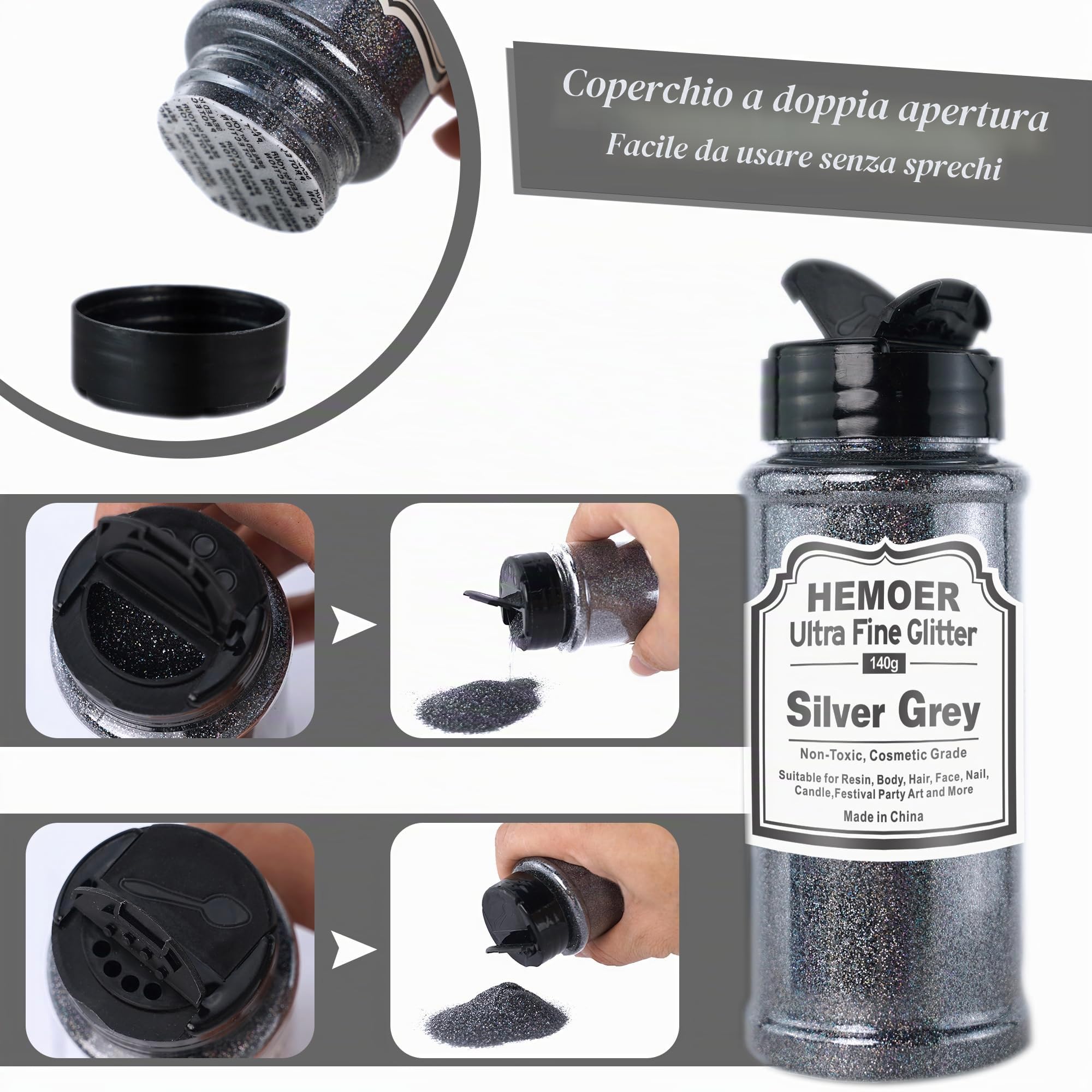 HEMOER Grigio argento Fine Glitter,140g Metallica Glitter per Decorazioni Artigianato, Resina, Epossidica Bicchieri, Candele, Glitter per Arti Pittoriche,Capelli Viso Corpo Occhi Nail Art Festival