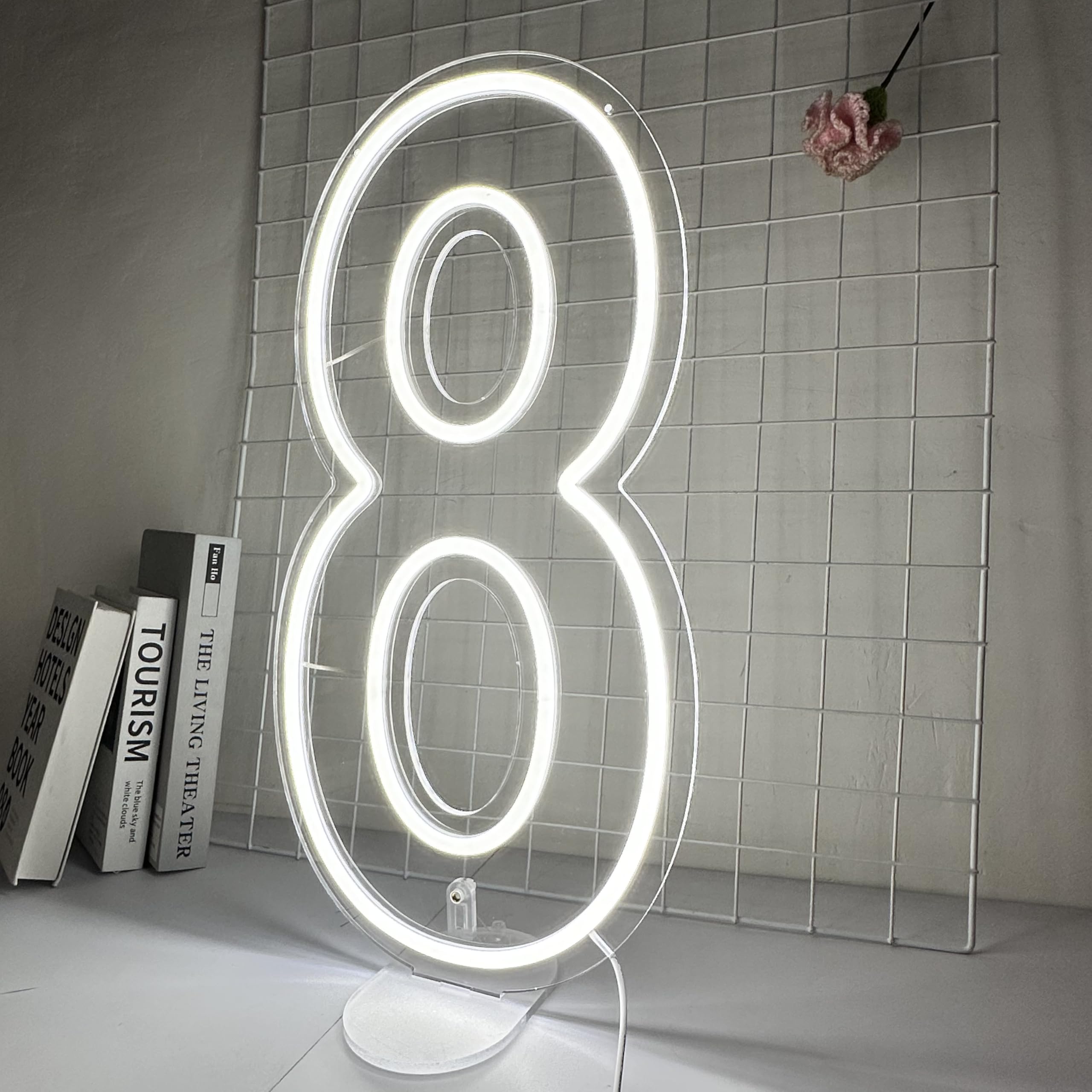 Targa LED al neon con numero 8, 50,8 cm, dimmerabile, luci bianche per feste di compleanno, montaggio a parete, alimentazione USB, 50,8 cm, numero 8