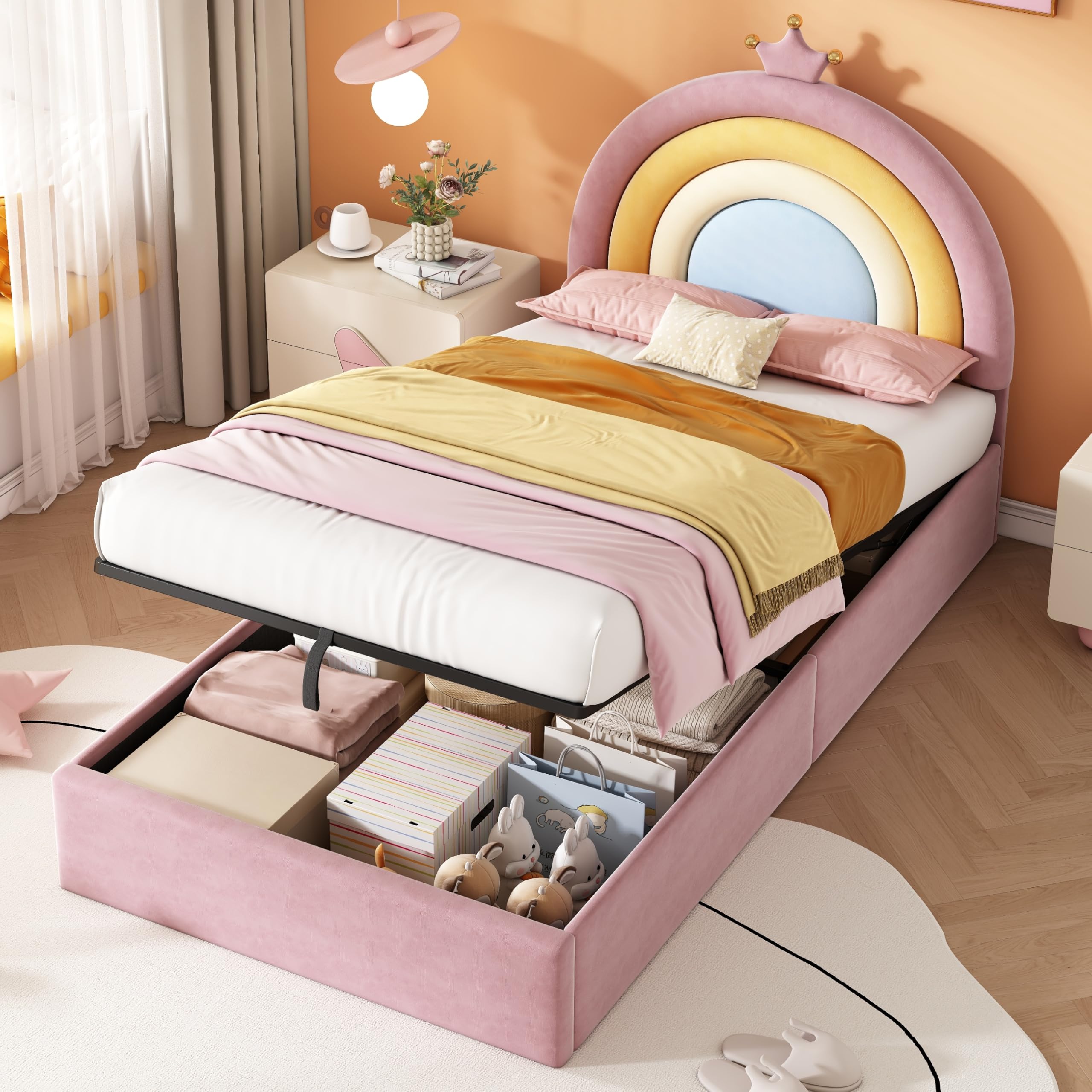 Mrwoo 3ft Upholstered Single Bed with Hydraulic Storage, Ottoman Bed with Adjustable Rainbow Headboard, Pink, 90x190cm, (No Mattress)