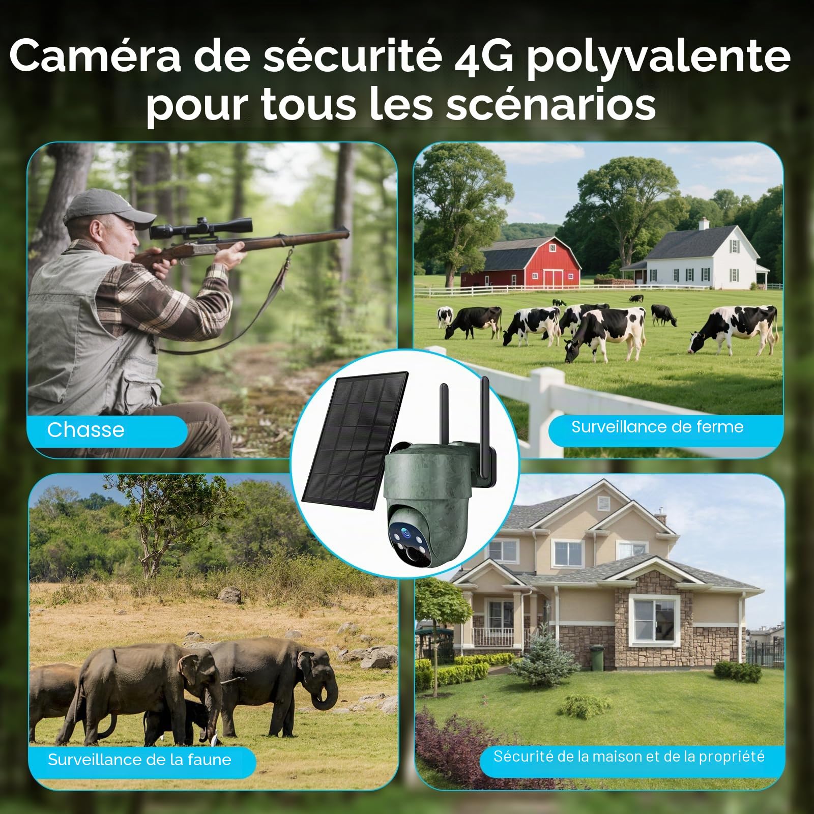 WOLFANG 4G LTE Caméra Surveillance Solaire Extérieure sans Fil, 2.5K Caméra de Chasse avec SIM Préinstallé, Caméra Surveillance Extérieur avec Détection de Mouvement, Vision Nocturne Couleur, 360° PTZ