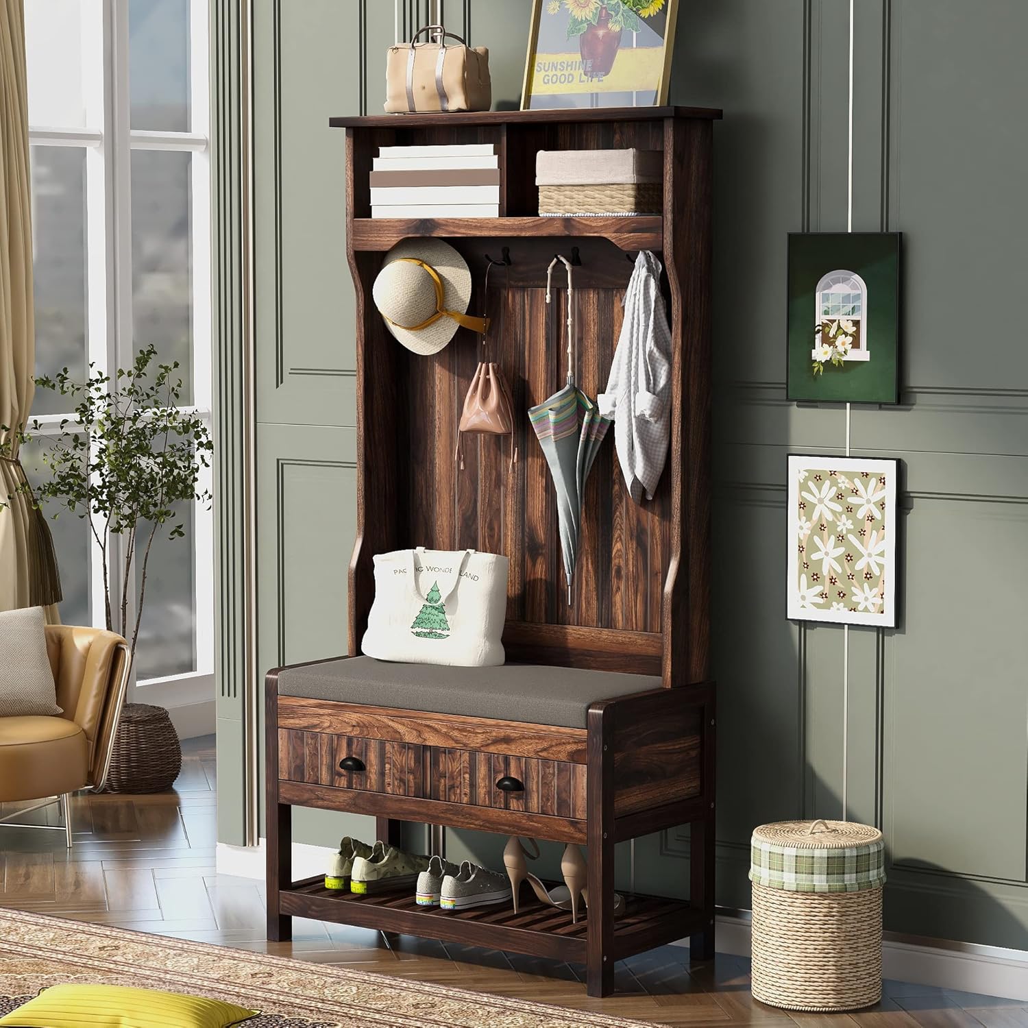 Merax Hall Tree with 4 Hooks and Hinged Lid, Coat Hanger, Entryway Bench, Storage Bench, 3-in-1 Design, for Entrance, Hallway (White, with Drawers) : Home & Kitchen