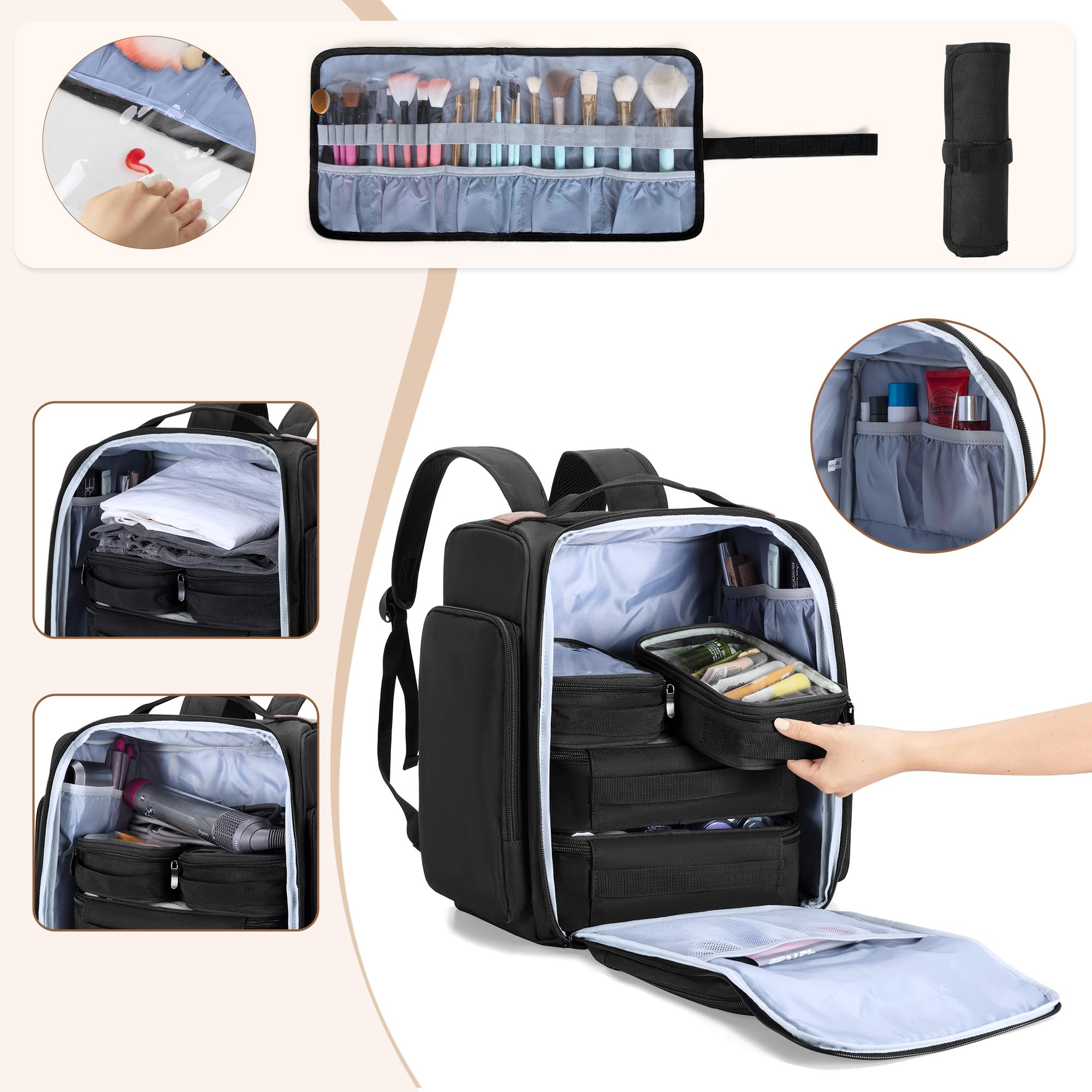 BAFASO Borsa per Cosmetici Zaino, Borsa per il Trucco da Viaggio con Spazio | con 4 Tasche Interne Rimovibili e 1 Borsa per Pennelli per Trucco,(Solo Borsa)