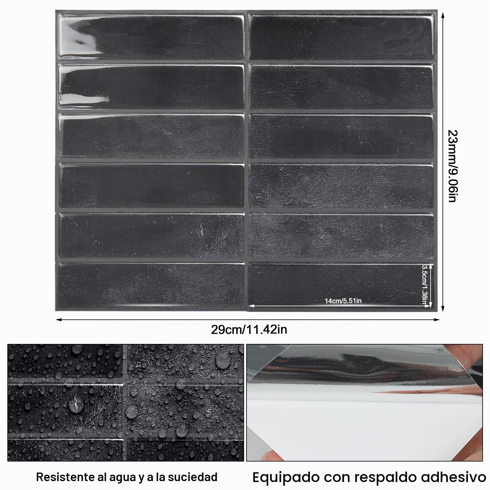 Pegatinas para azulejos, 10 unidades, 29 x 23 cm, autoadhesivas, resistentes al agua, para cocina, baño, decoración de pared (negro)