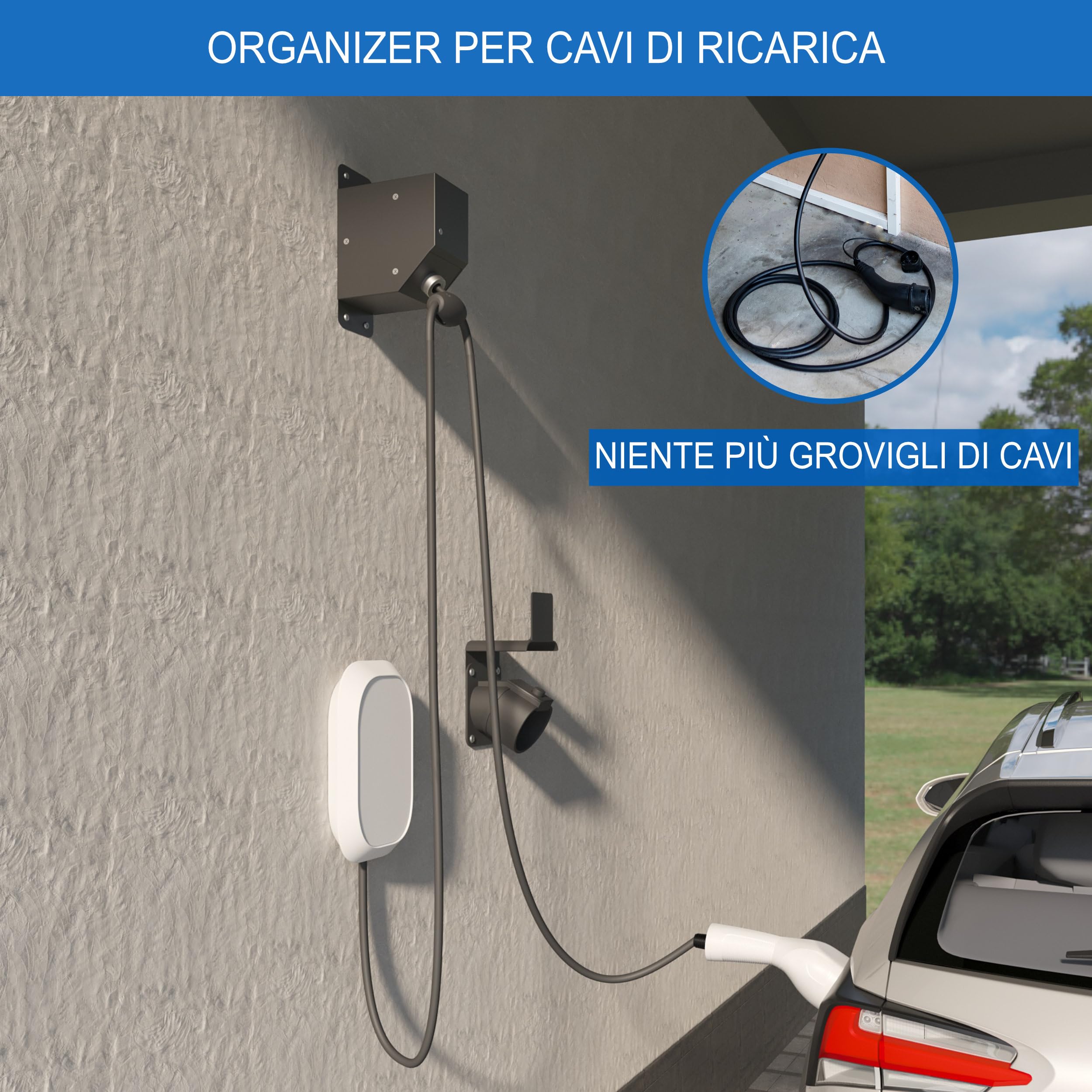 Supporto per cavo automatico di tipo 2 retrattile • Supporto da parete per cavo di ricarica con alloggiamento in acciaio • Ideale per uso esterno