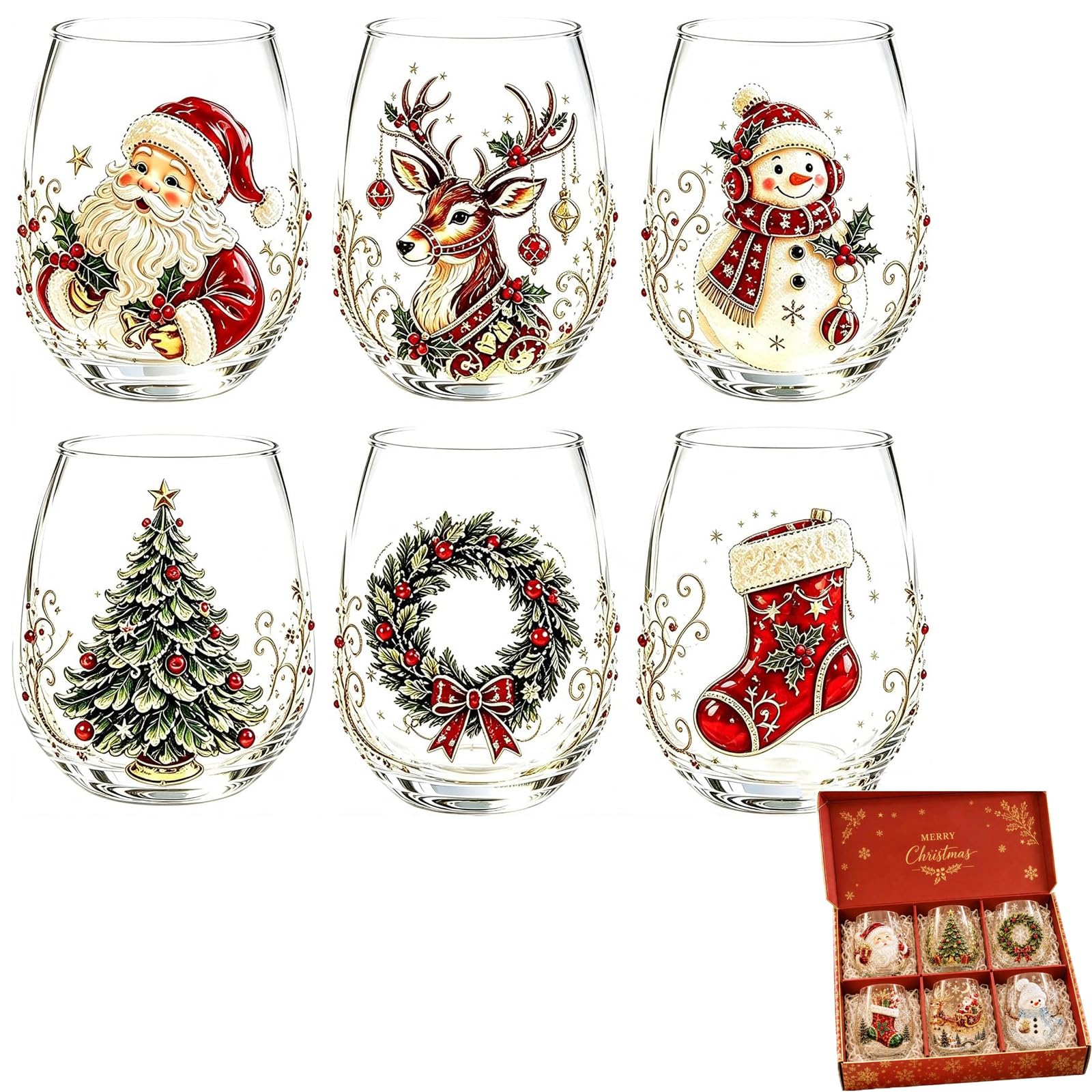 Generisch 3D Weihnachts-Trinkglas Stemless mit Weihnachtsmotiven, 6Pcs