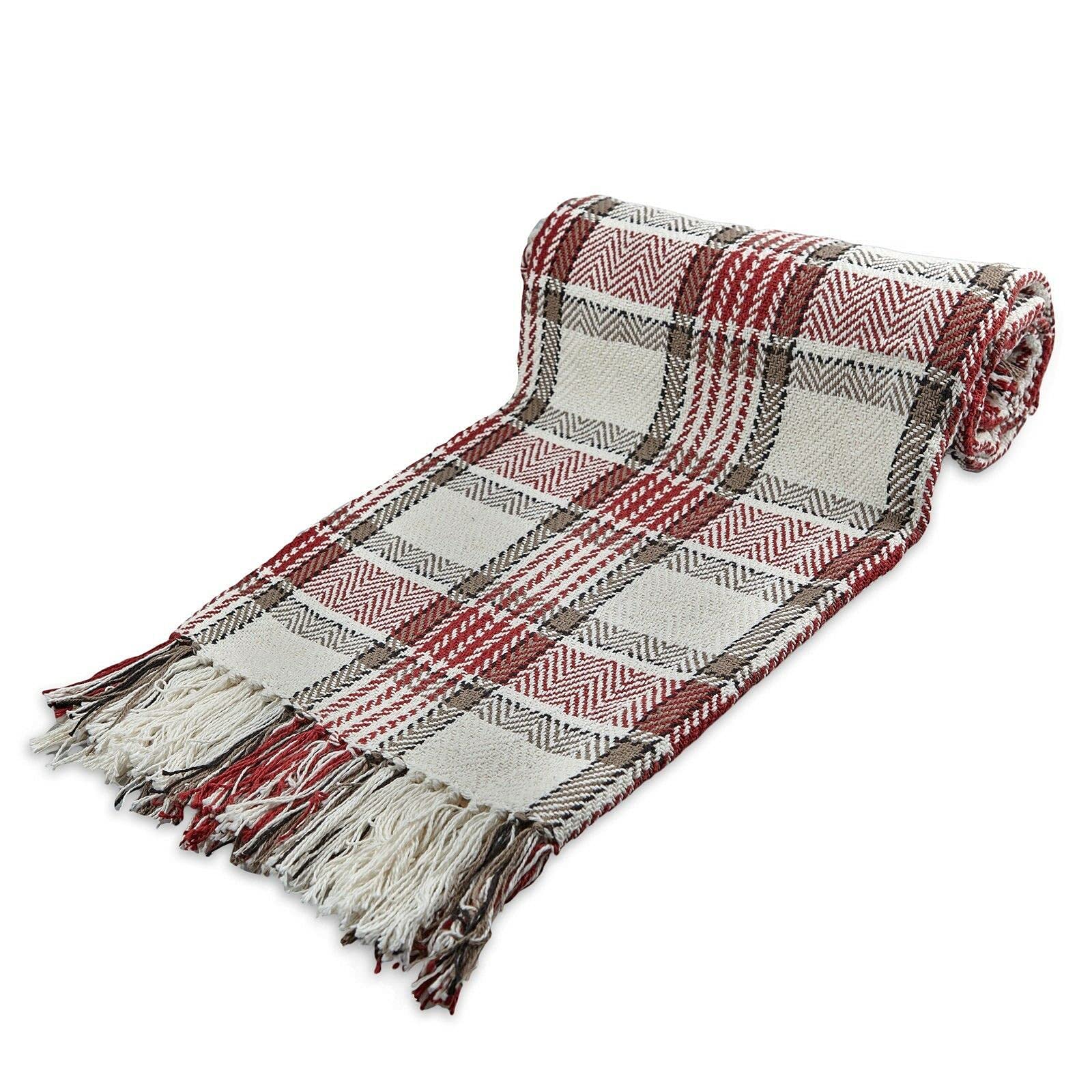 100% Cotton Check Herringbone Sofa Settee Bed Throw 3 Colors & 4 Sizes (Red Natural, King)