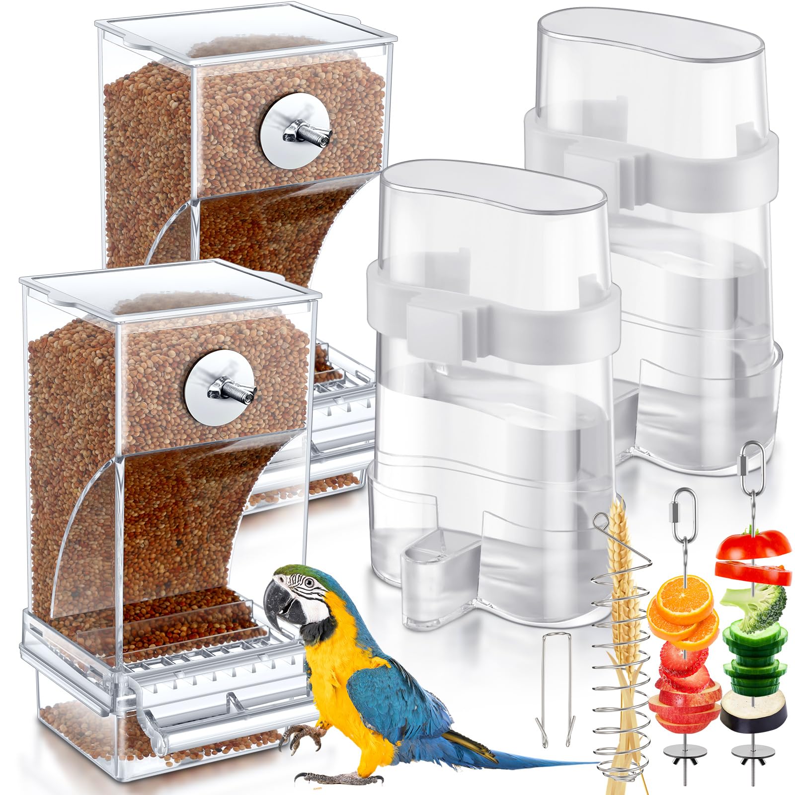 Jingmore Vogelfutterspender für Vögel, automatisch, transparent, für Papageien, Käfigzubehör, Edelstahl, für Papageien, Obst, Gemüse, Futtersuche für Lovebirds Wellensittiche Kanarienvögel, Finken, 7