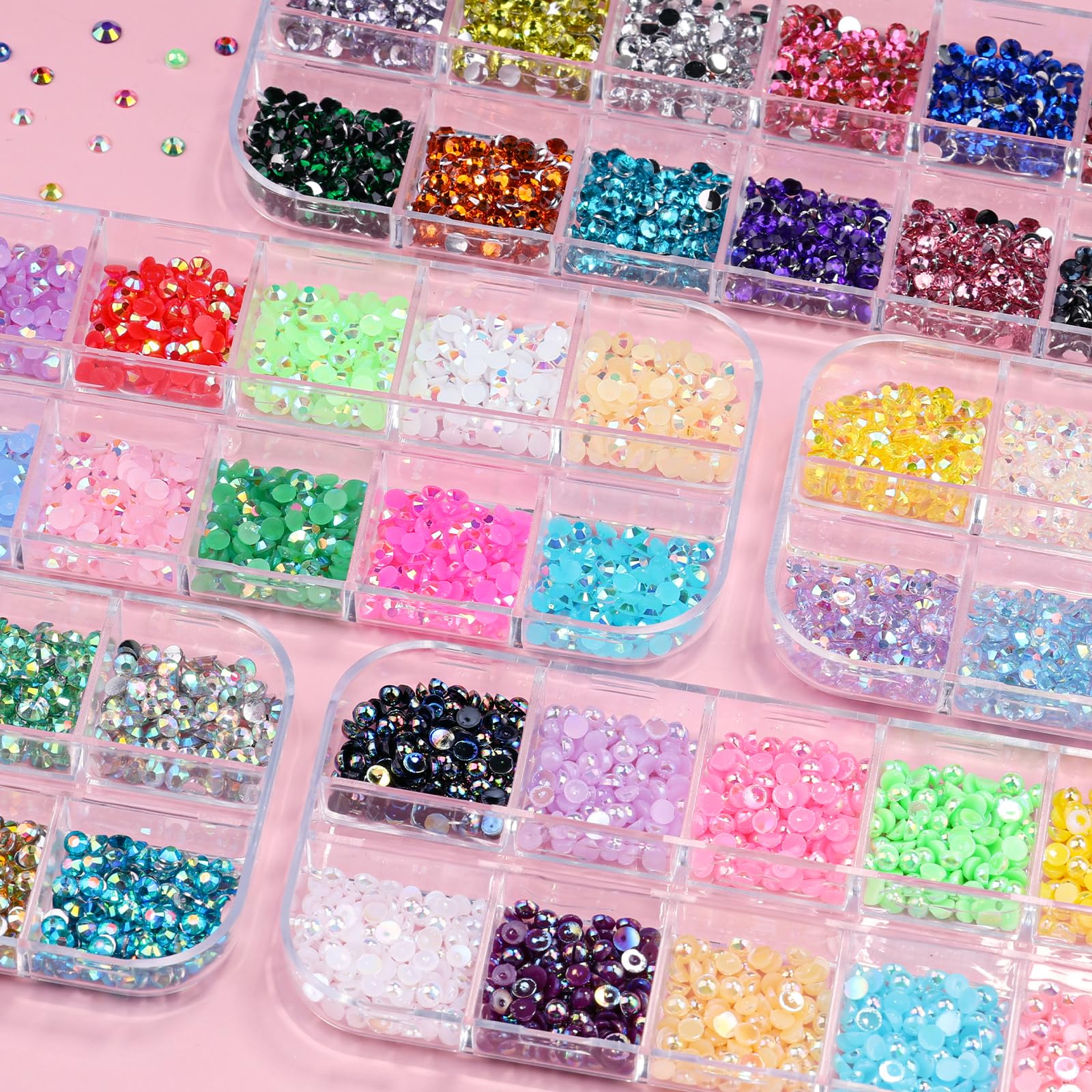 5 cajas de 7200 piezas de diamantes de imitación de cristal brillante, con parte trasera plana, gemas de sirena AB multicolor transparentes con bolígrafo recogedor y pinzas curvadas para salón de 4