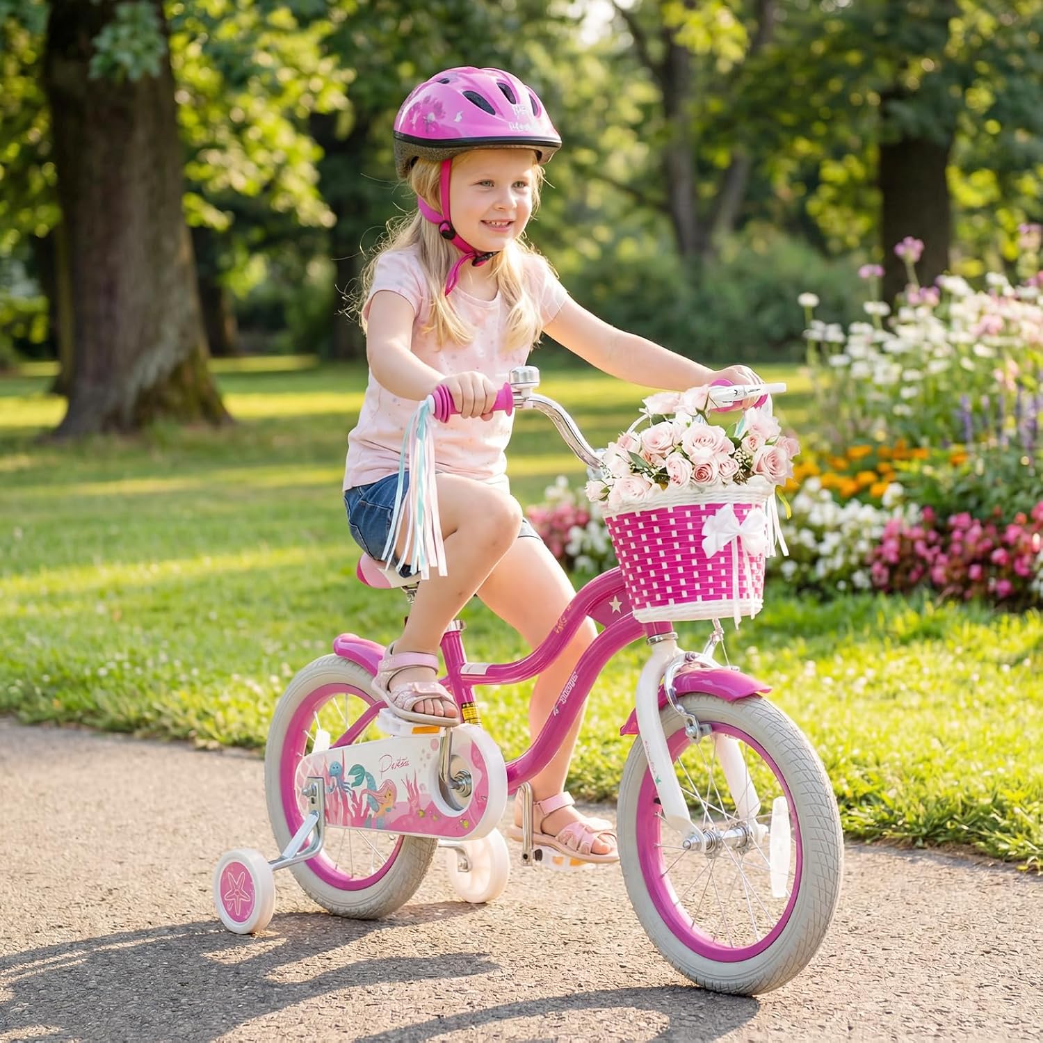Olakids Kids Bike, 12 14 16 18 20 Inch Mermaid Theme Girls Bicycle with Training Wheels Basket Adjustable Seat and Handlebar Dual Brake