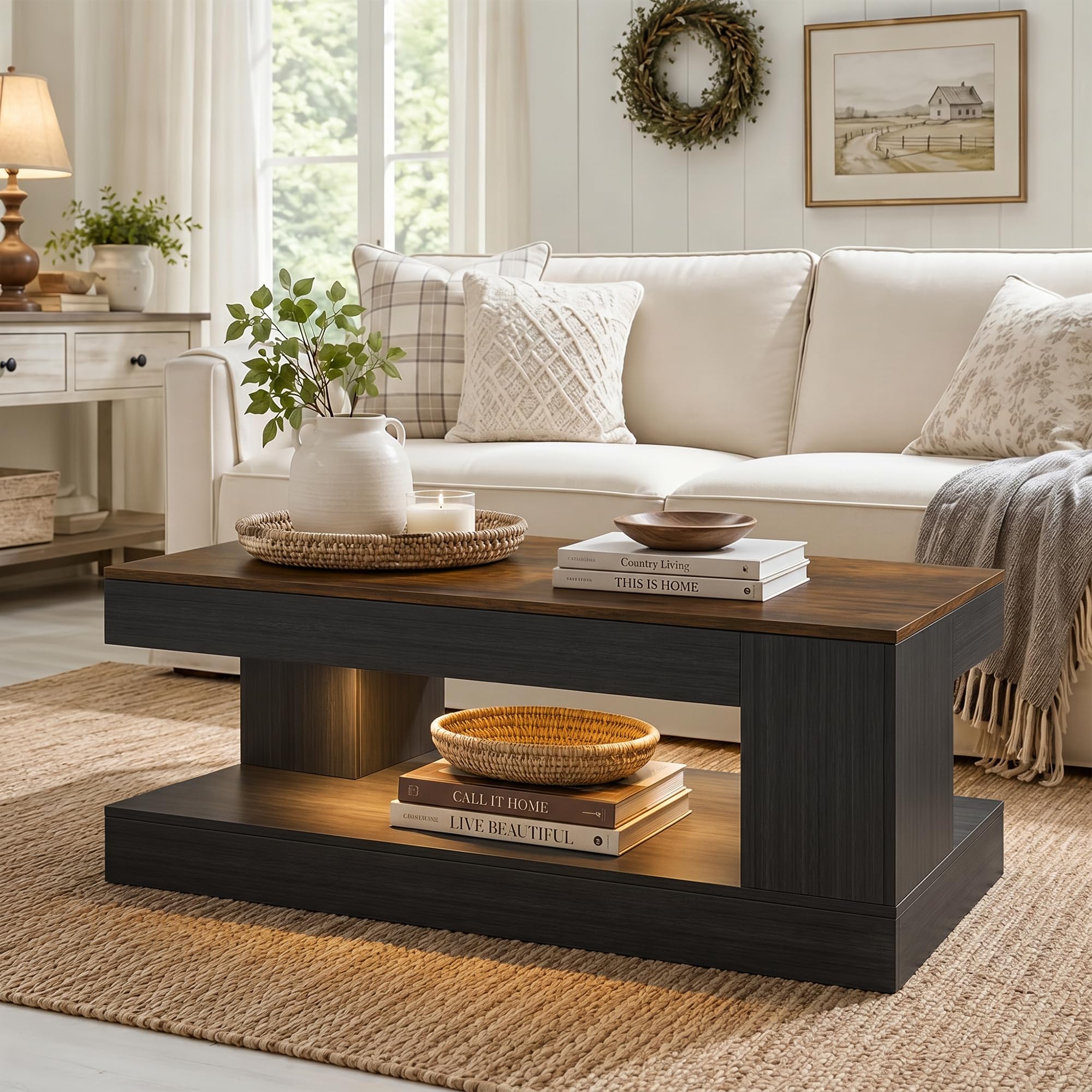 Zelurelle Farmhouse Coffee Table for Living Room, 47 Inch Coffee Tables with Storage & LED Light, Thickened Wood Rectangular Living Room Table,