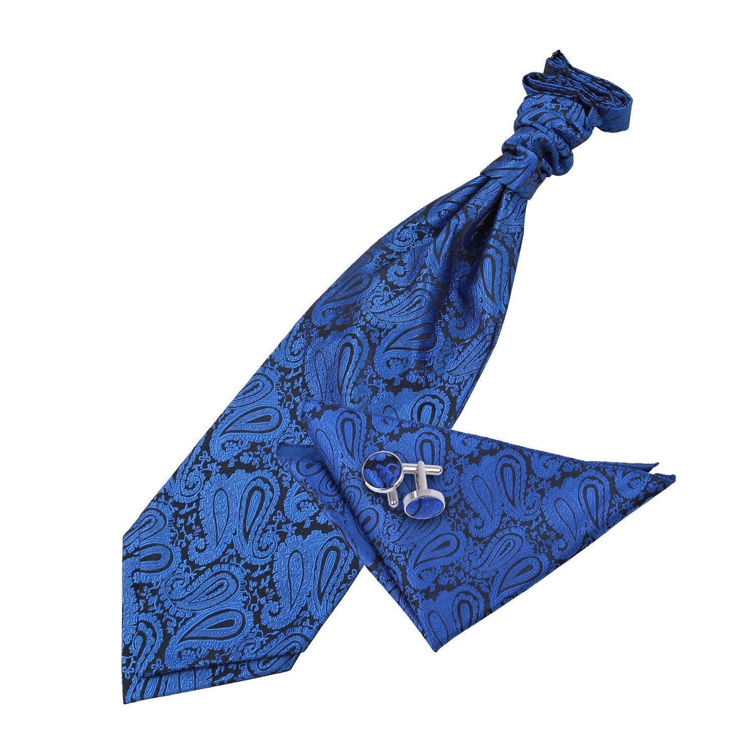Dqt Men's Royal Blue Paisley Floral Jacquard Pre-Tied Scrunchie Cravat, Pocket Square & Cufflinks Set (3Pc) - Wedding, Business & Formal