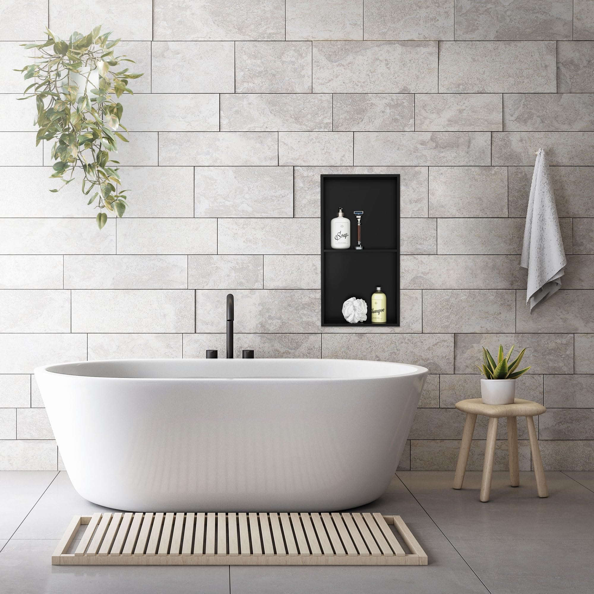 LuxeBath Nicho de Ducha Acero Inoxidable 30x60x10 cm cm Negro Marco de Pared Doble Empotrado Alicatable Estante Integrado Instalación Flexible para Almacenamiento Organizador de Utensilios para Baño