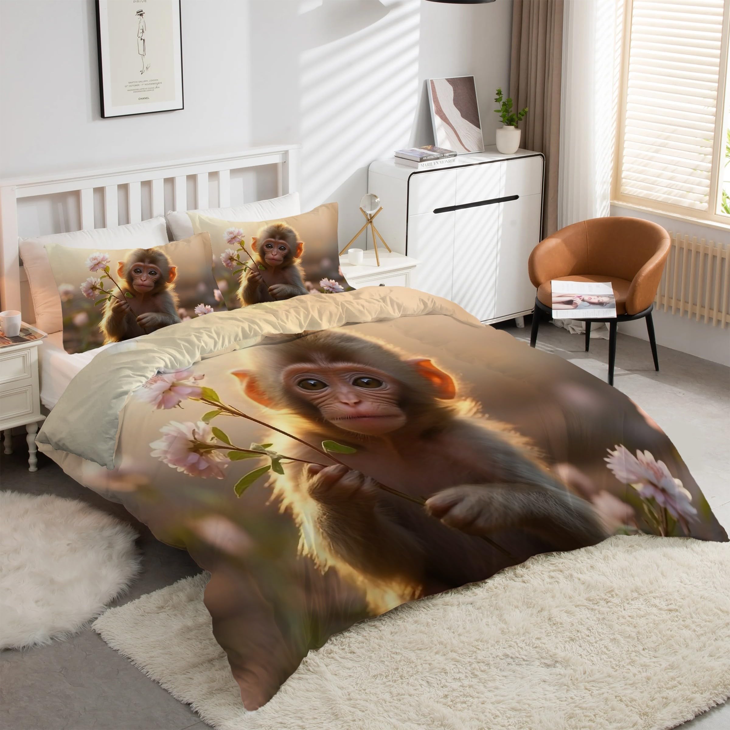 Housse de Couette 200x200 Singe Macaque en Microfibre Ultra Douce avec Fermeture Éclair