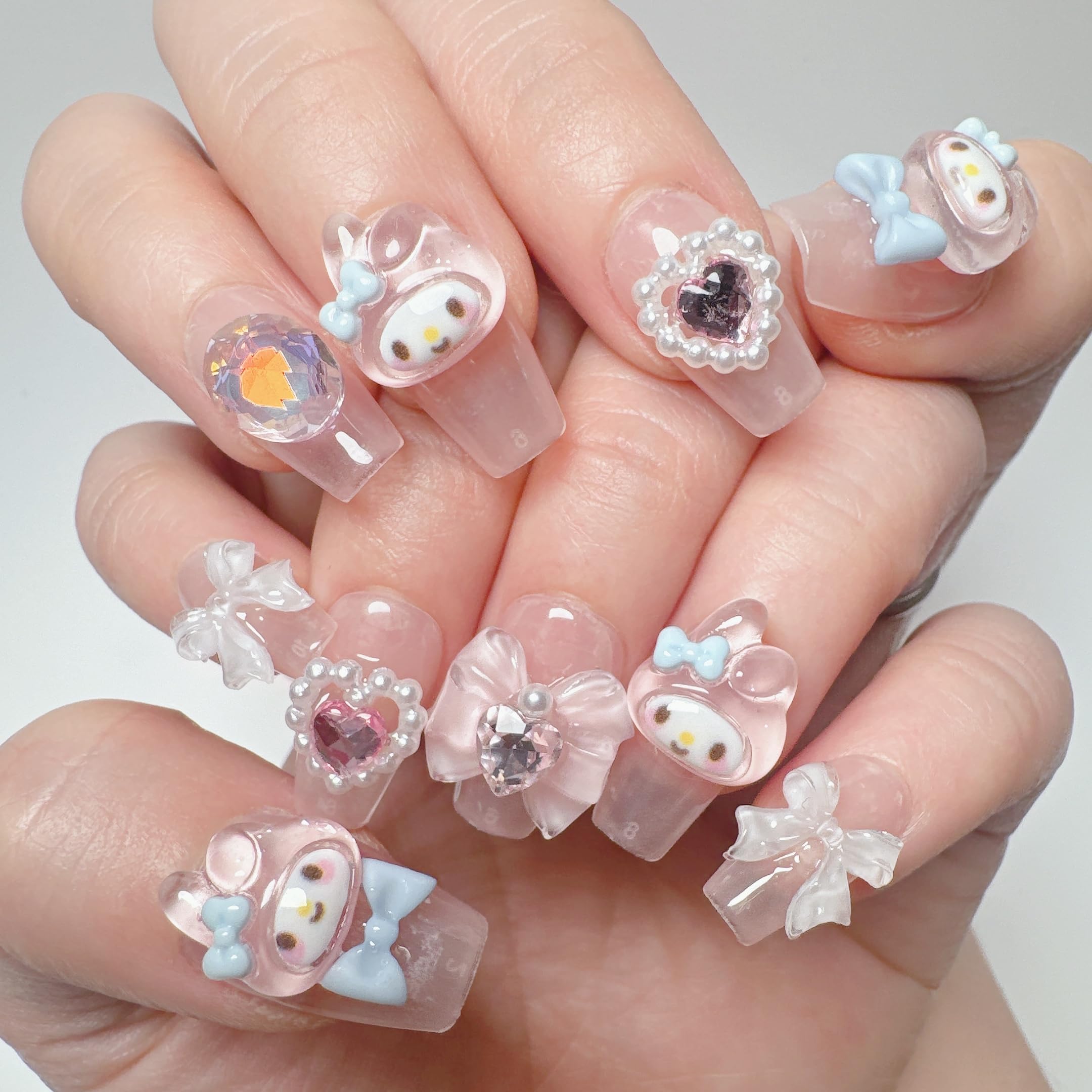 Uñas acrílicas gruesas a presión, hechas a mano, uñas largas cuadradas, perlas brillantes, kit de uñas postizas kawaii, reutilizables, 10 uñas tamaño M, #949, 949 (mediano)