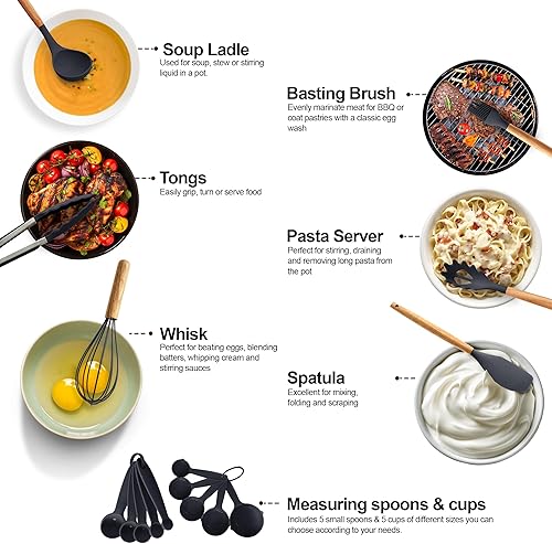 Miniatura 6 de LDC - Juego de utensilios de cocina de silicona de 35 piezas con soporte, silicona de grado alimenticio sin BPA, asas de madera resistentes al