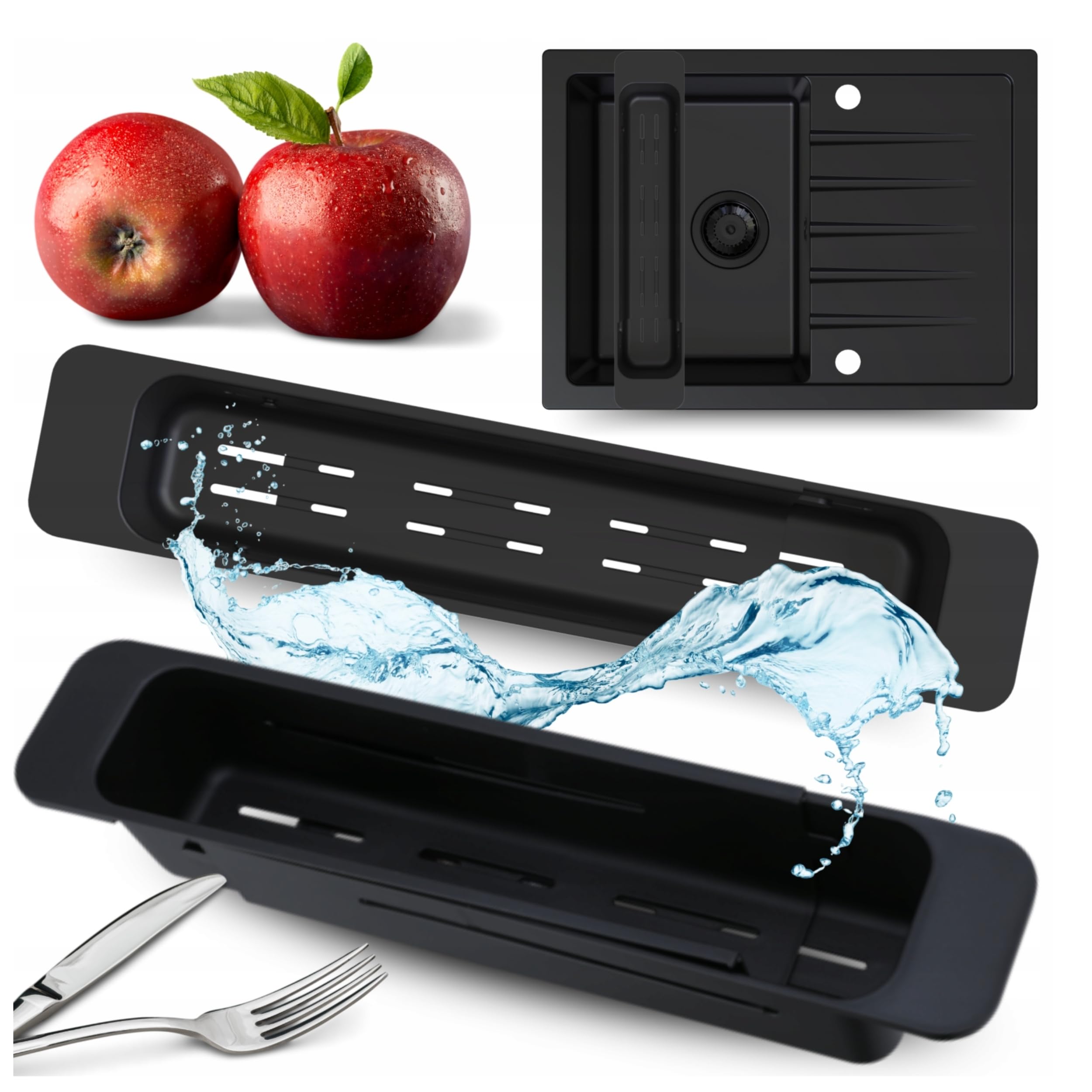 Colino per lavello frutta e verdura – Colino regolabile e vassoio scolapasta 39 – 55 cm – Lavabile in lavastoviglie e senza BPA – Stabile colino da cucina nero – Sink Strainer – Sink Quality