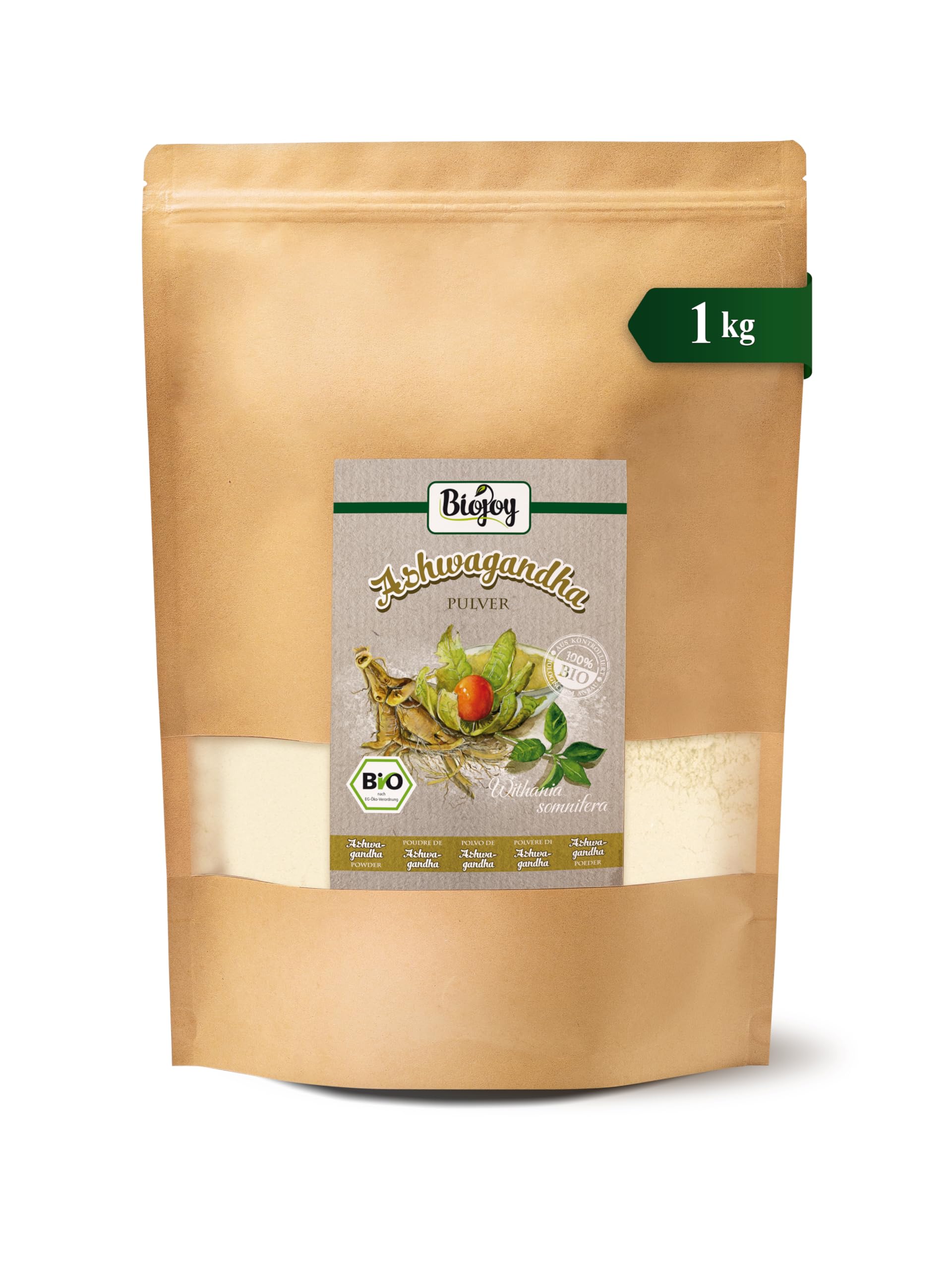 Biojoy Ashwagandha en poudre BIO (1 kg), Racines moulues d´ashwagandha, Ginseng Indien (Withania somnifera)