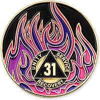 Vista 25 de Medallón de recuperación AA chapado en oro de 1 año Twisted Flames - Negro/Rojo/Naranja/Amarillo