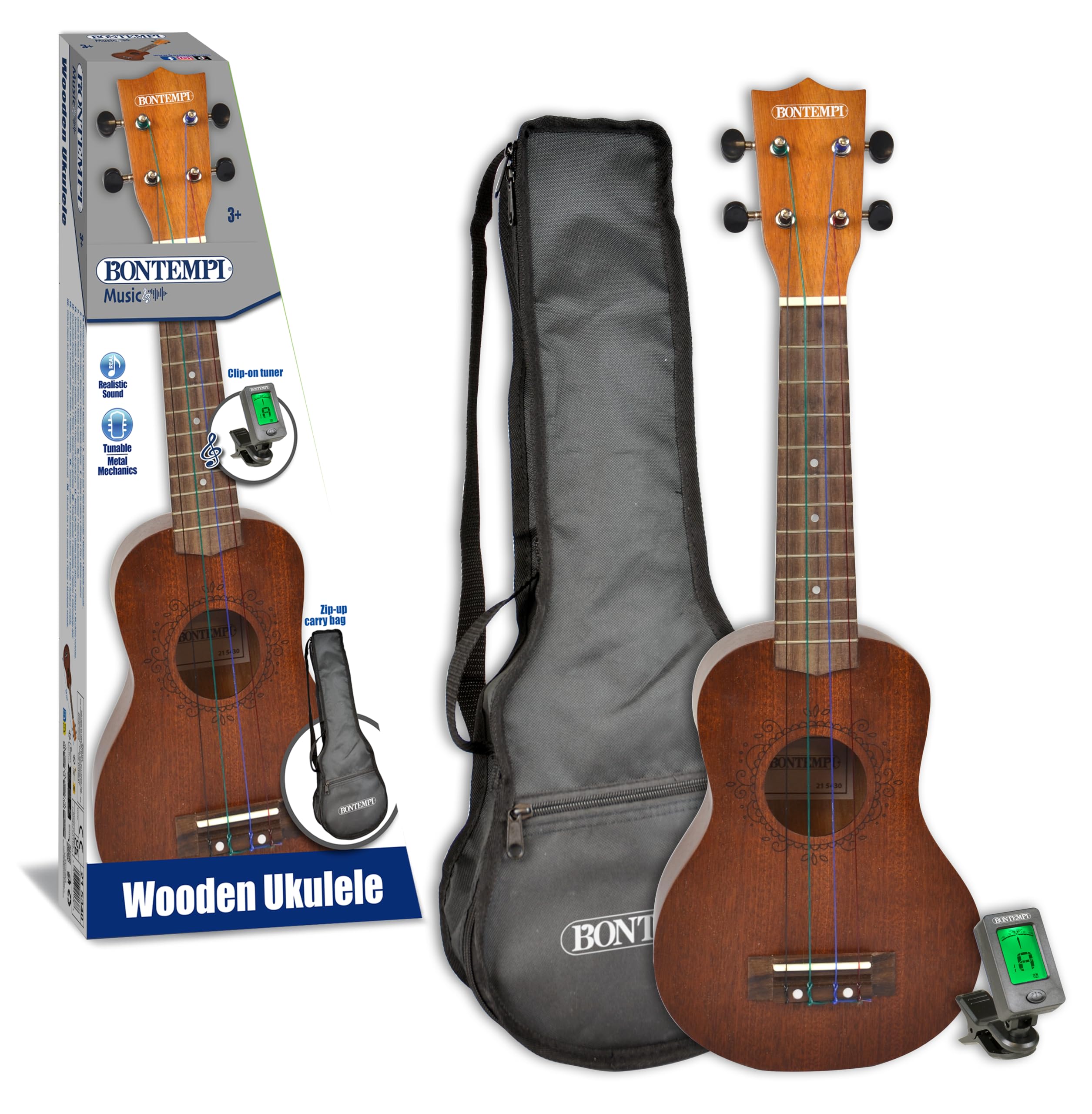 Ukulele in legno con accordatore e borsa per il trasporto