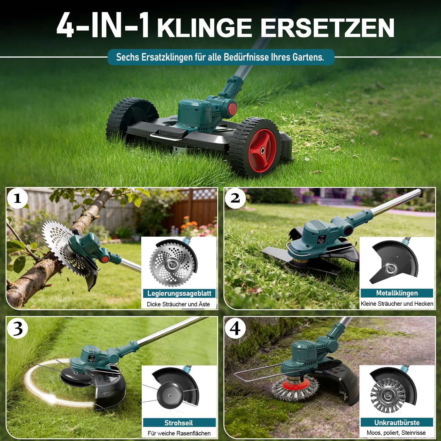 Rasentrimmer mit Akku Für Makita Akkus, 21V -750W Motor Mit 2 Akku und Ladegerät, 4-in-1 Akku rasentrimmer, Akku Freischneider, 20000U/min Mit LCD-Anzeige – für Dickicht und hohes Gras