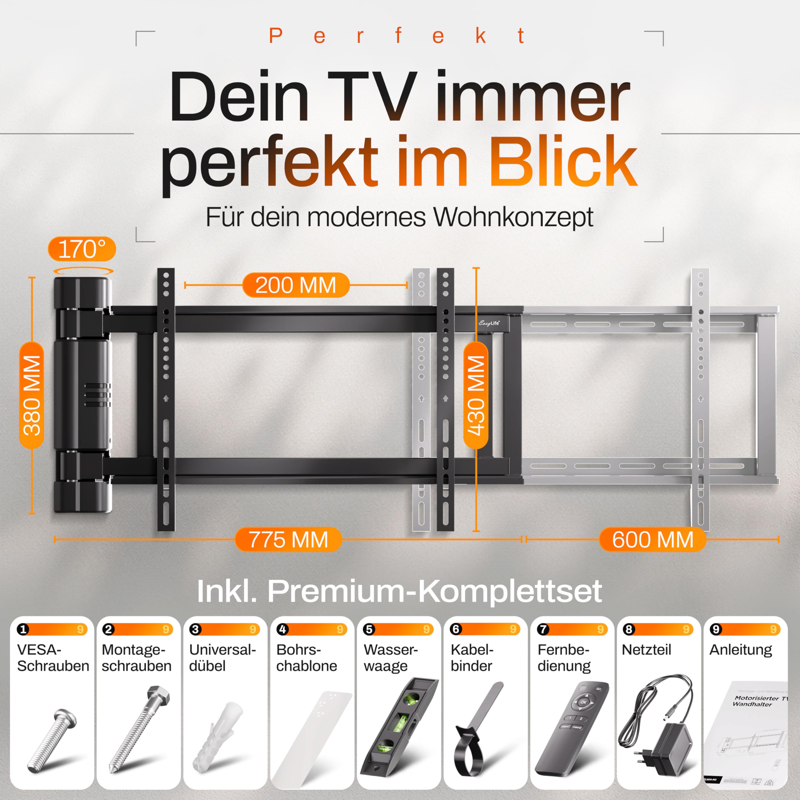 EasyLife Supporto da Parete per TV Elettrico e Orientabile Fino a 170°, Supporto VESA Fino a 600×400 per TV LCD/OLED/Curvi, Monitor, Display e Smartboard da 32 a 75 Pollici e Fino a 50kg Max - Nero
