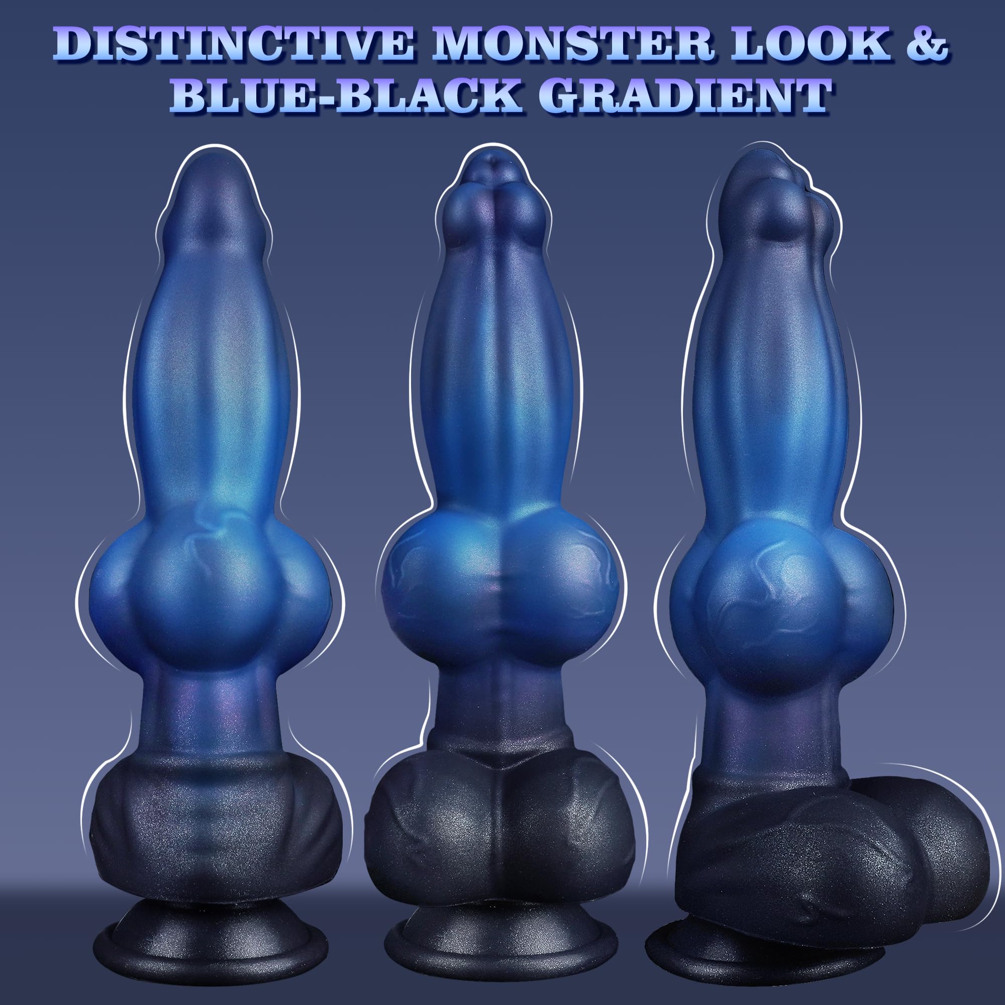 9.6" Blue Black Knotted Dog Dildo 2.8" Knot Pt Silicone Anal Toy w Suction Cup for Men Women Gay