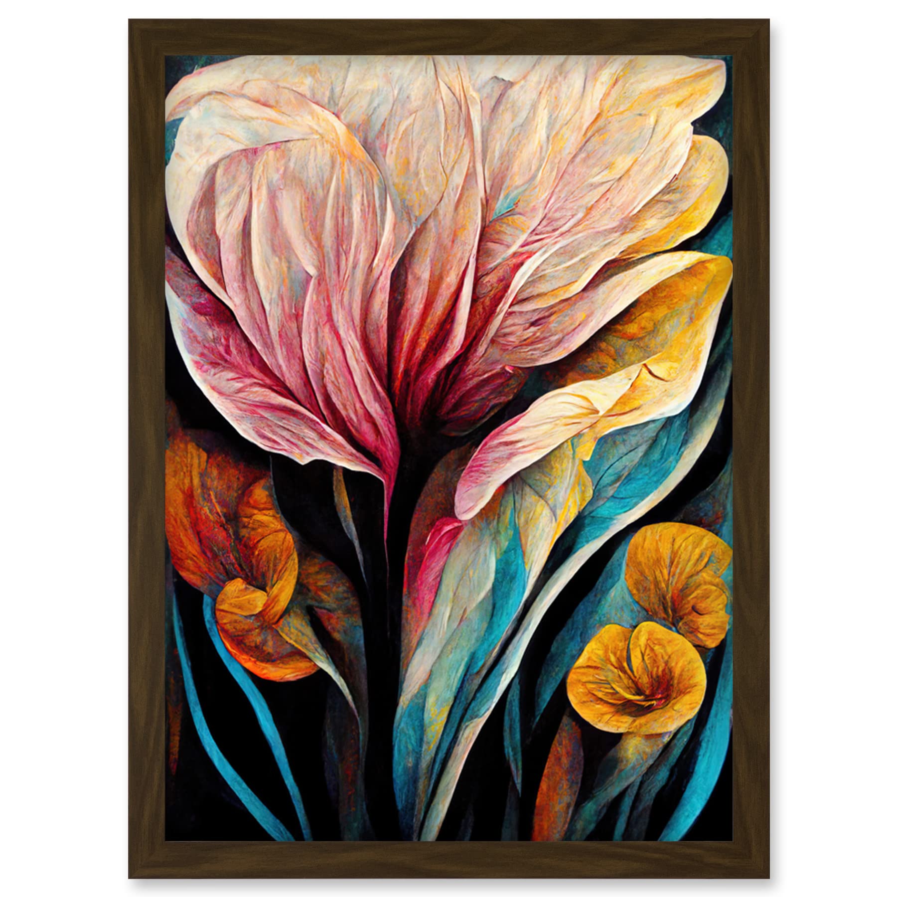 Artery8 Abstract Tropical Floral Bloom Acrylic Flower Artwork Framed Wall Art Print - A4 Size - Brown