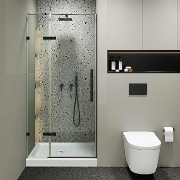 Fine Fixtures Hinged Frameless Shower Door - Clear Tempered Glass Door - Walk in Shower Enclosure, Hardware Complete Kit 32" W x 74" H Black Finish