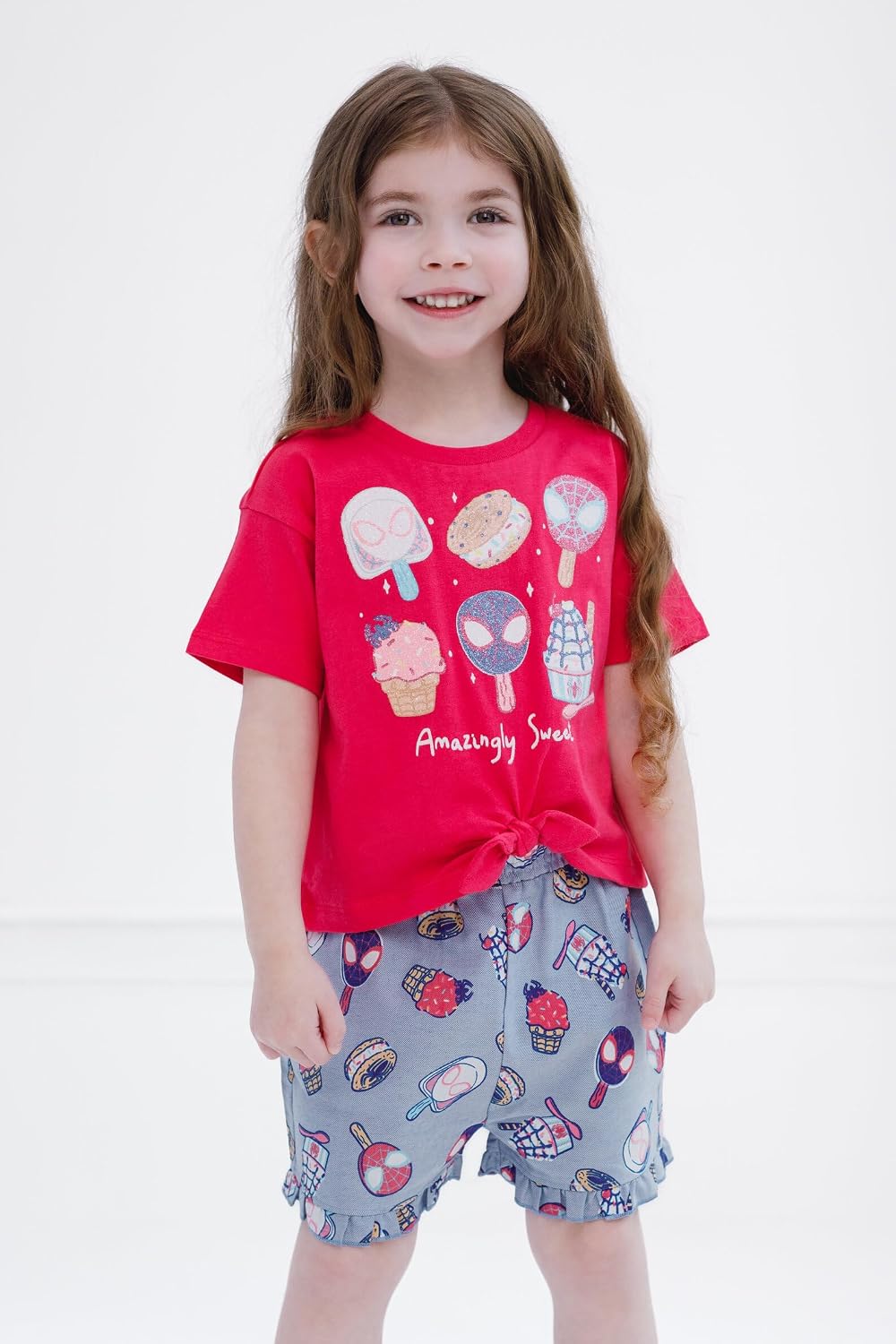 Marvel Spider-Man Girls T-Shirt and Chambray Shorts Outfit Set Toddler to Big Kid Sizes (2T - 10-12)