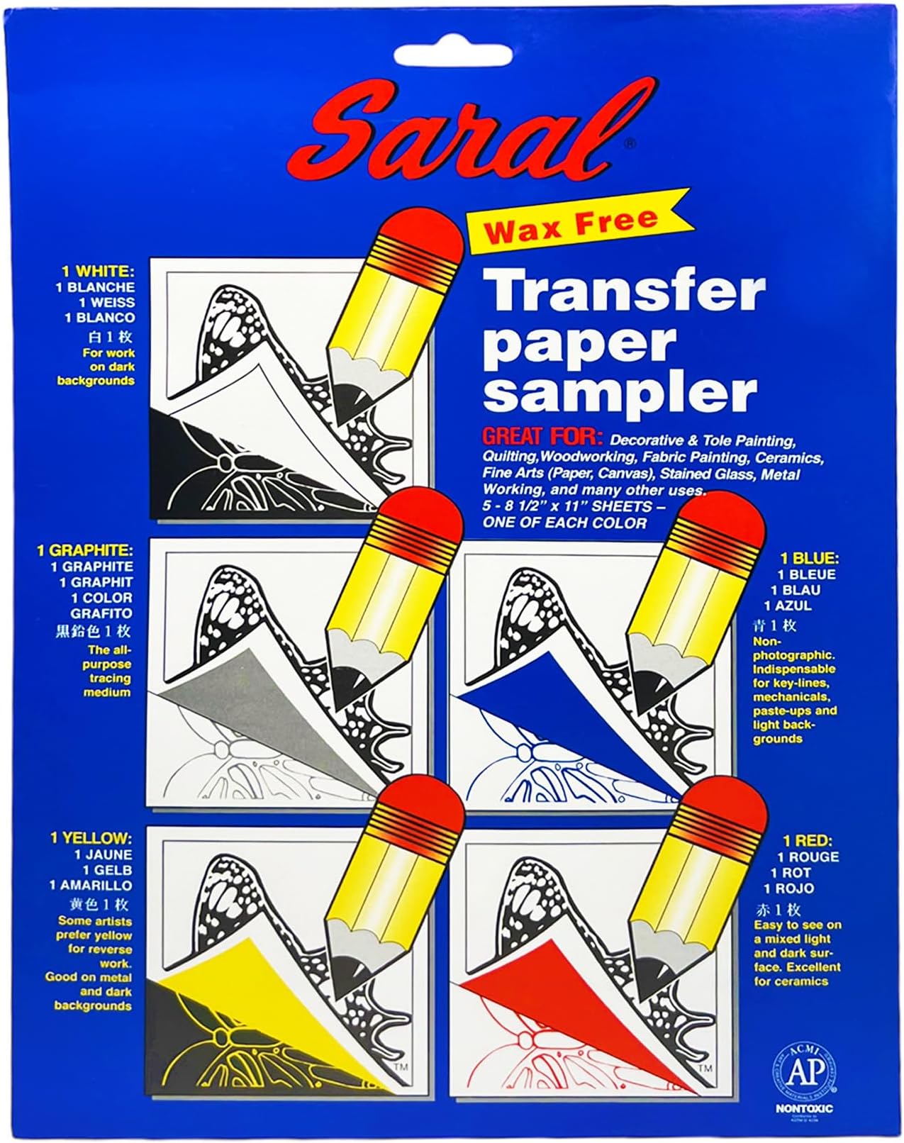 Saral Paper Corp Wax Free Transfer Tracking Paper Sampler Pack - One 8.5 Inches x 11 Inches Sheet for Each Color (Red, Blue, Yellow, White, Graphite)