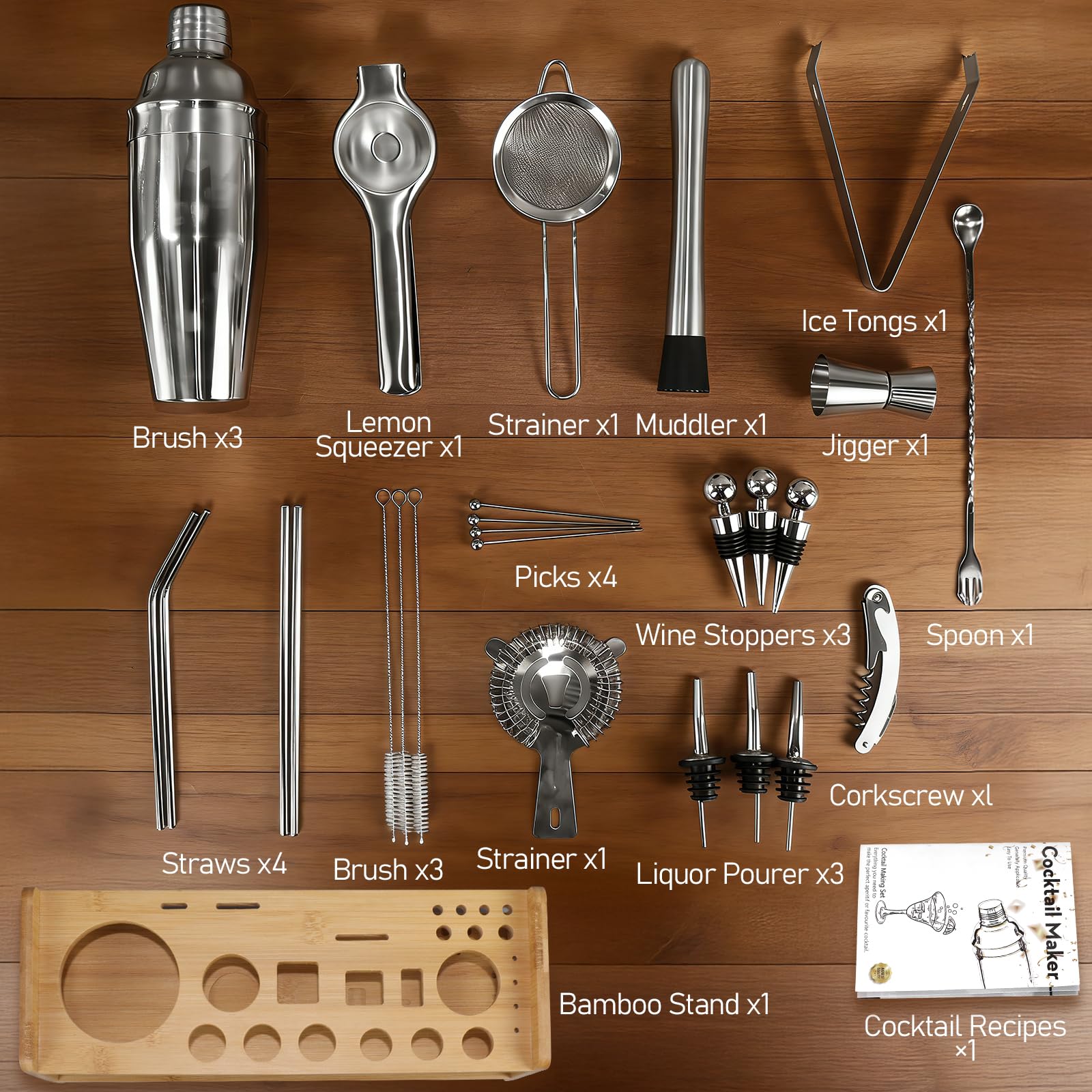26-teiliges Cocktail Shaker Set, 700ML Boston Cocktail Shaker aus Edelstahl, Profi Barkeeper Kit kein Verklemmen mit Bambusständer & Rezeptbuch für Partys, Hausbar & Geburtstag(Silber)