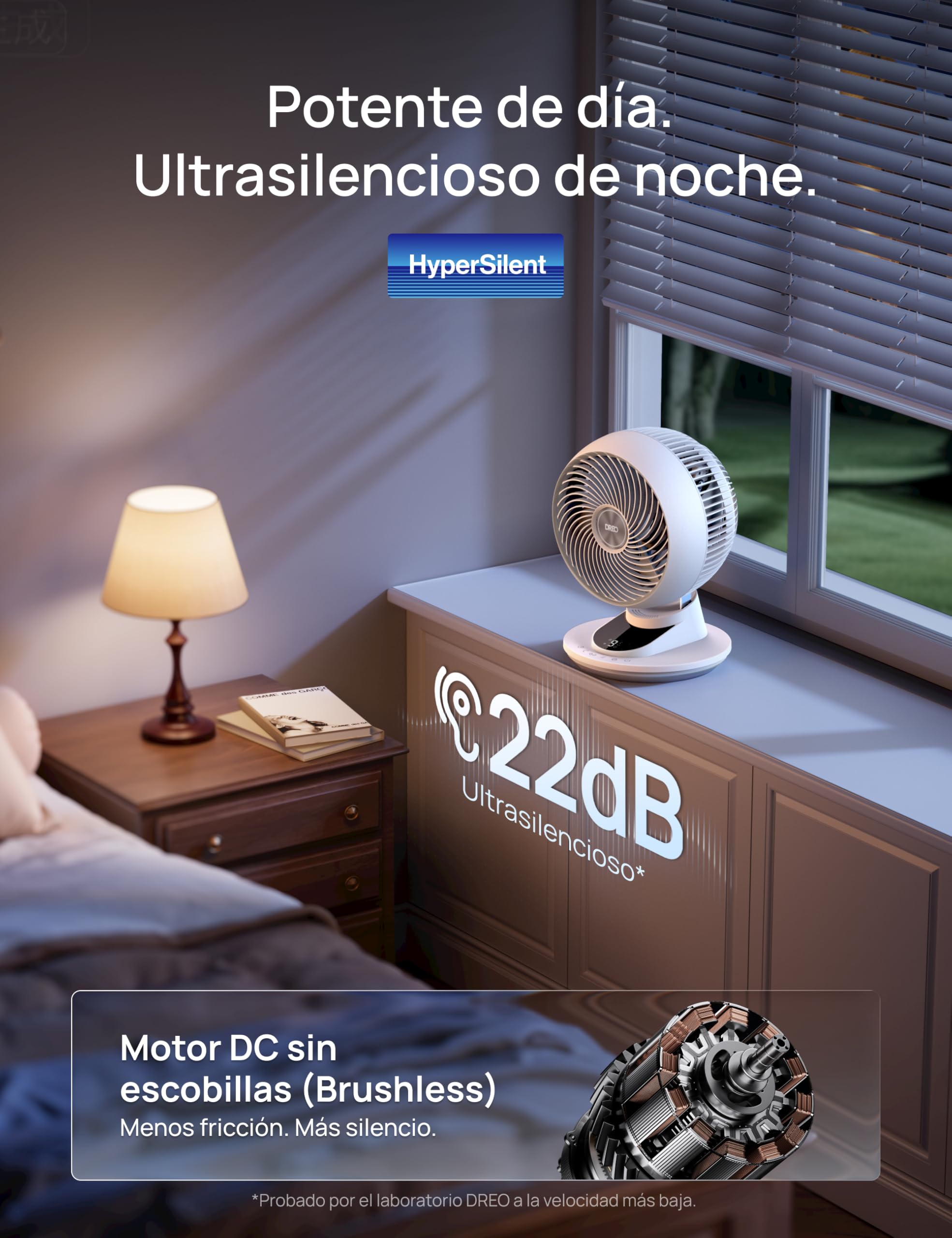 Dreo Ventilador de Mesa 3D para Dormitorio, Aire Potente 8.8 m/s, Ultra Silencioso 22 dB, Oscilación 90°, Control por App y Voz, 9 Velocidades, Temporizador 8/12 h, Ideal para Hogar y Oficina