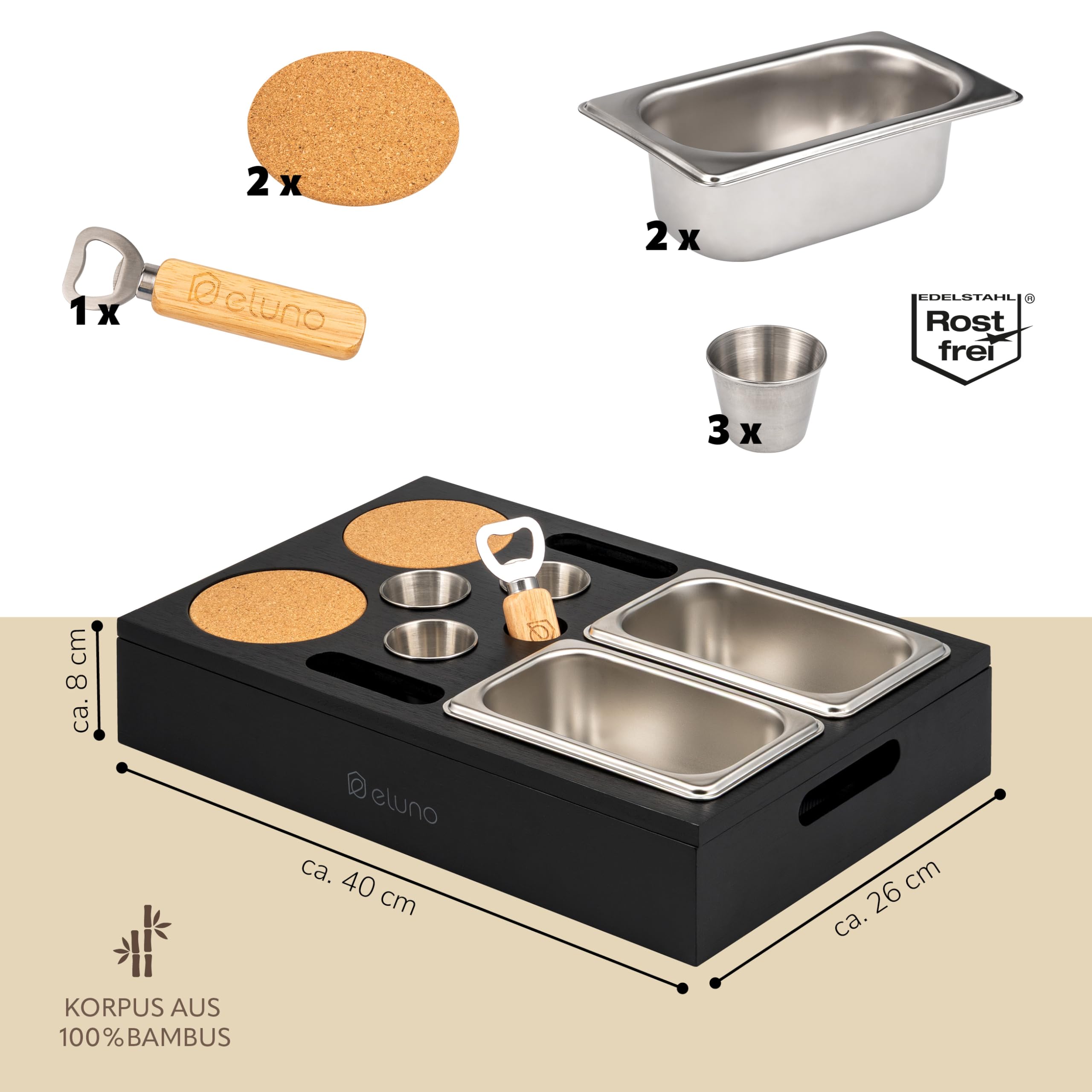 eluno Couchbar mit abnehmbarem, magnetischem Deckel, Serviertablett, inklusive 2 Snackschalen, 3 Dipschälchen, 2 Getränkehalter mit Korkuntersetzer,1 Flaschenöffner aus Bambus (Schwarz)