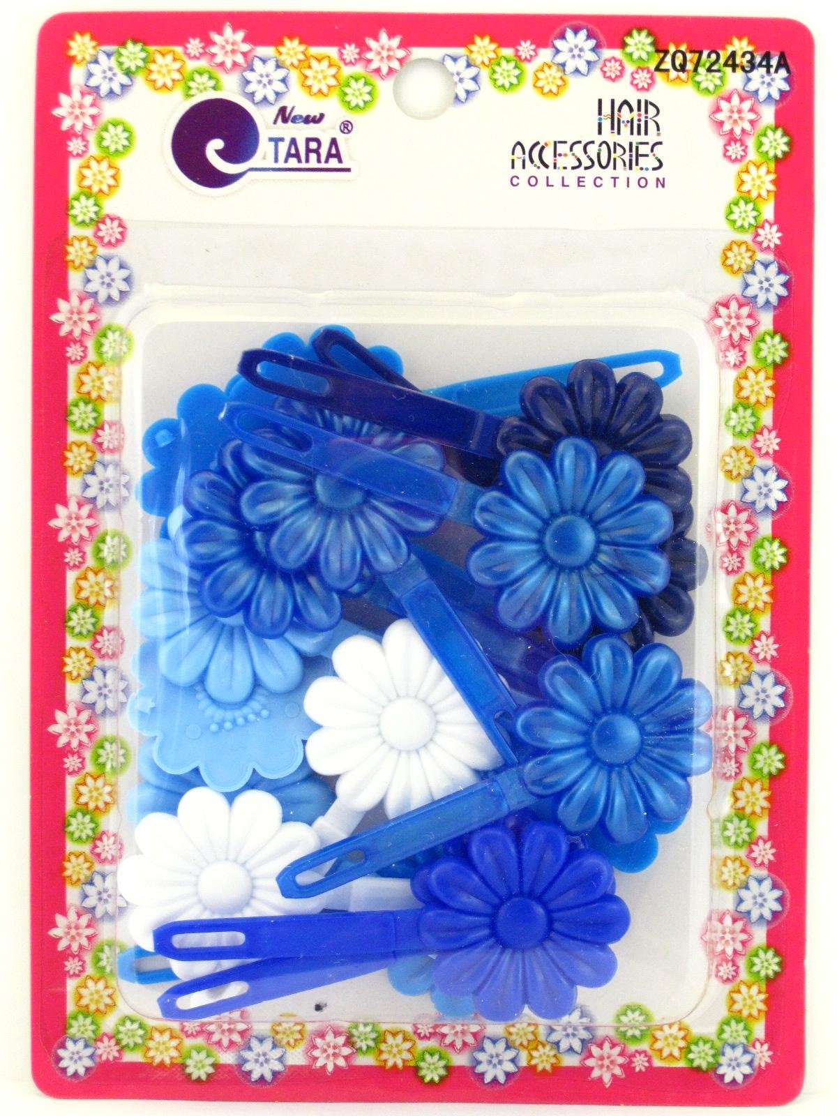 Tara Girls Self Hinge Flower Barrettes - Blue & White - 18 Pcs.
