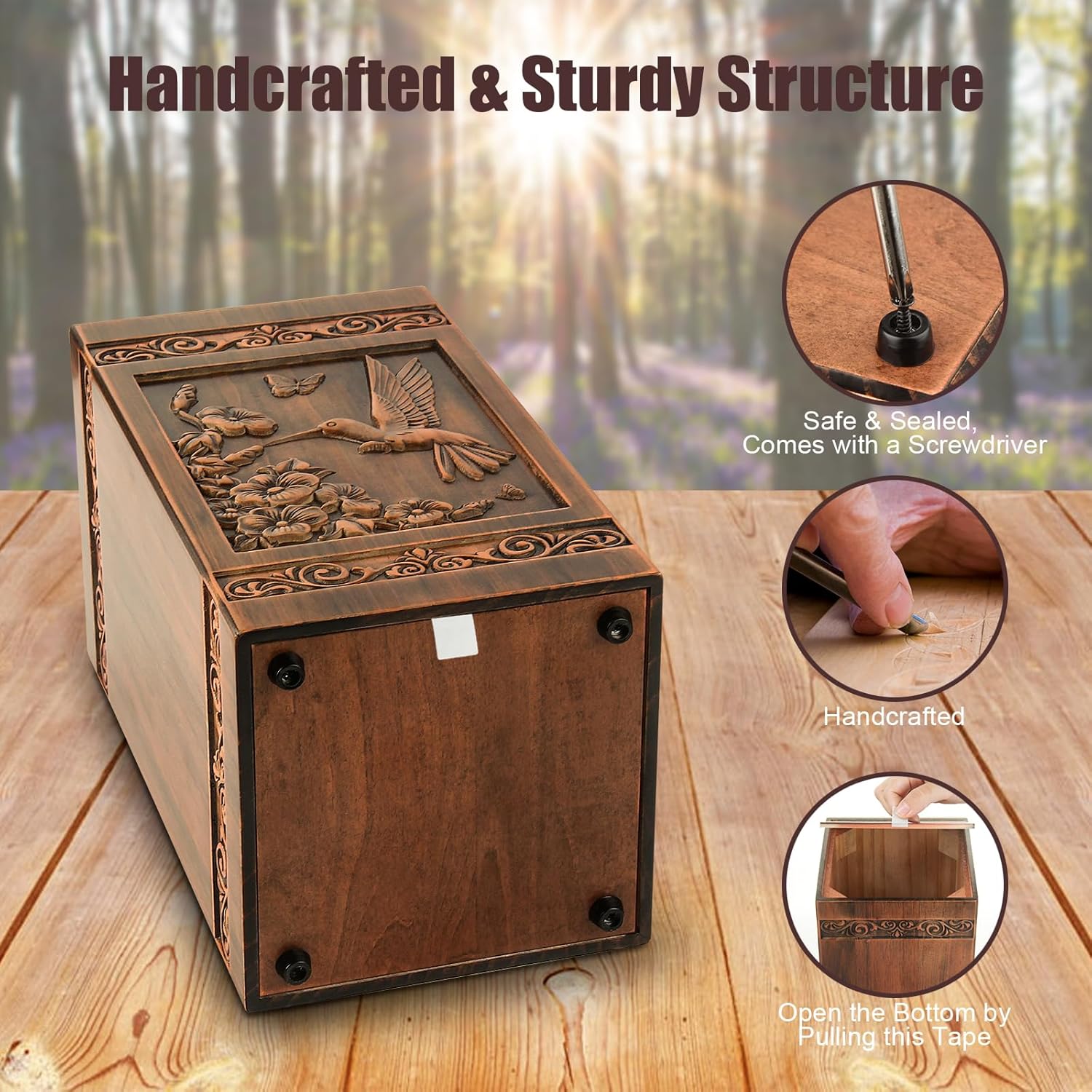 Wooden Urn for Ashes Adult Male Female, Cremation Urns for Human Ashes Adult Men Women, Decorative Burial Funeral Memorial Hummingbird Urns for Ashes, Urn Box Holds 250 Cubic Inches (Hummingbird) - Image 3
