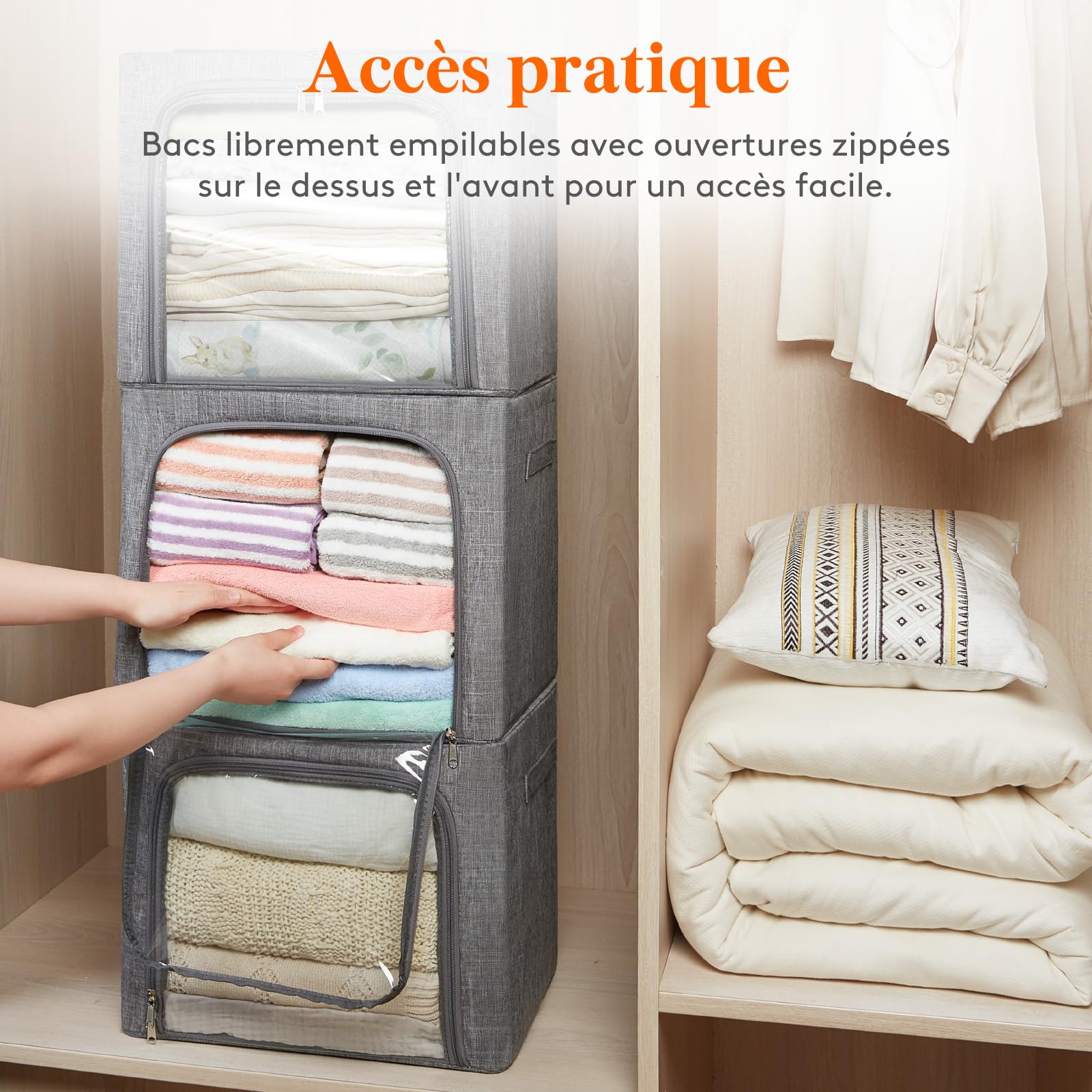 Lifewit Sac de Rangement Robuste avec Cadre en Métal, Boite Rangement Vetement Pliable, Organisateur Placard, Housse Rangement, Caisse avec Couvercle pour Couvertures, Gris Clair, 40 L, Lot de 3
