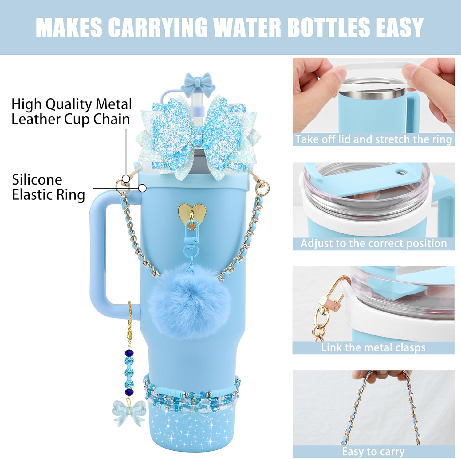 12PCS Accessories for Stanley Cup 40oz&30oz Tumbler Accessories including Silicone Cute Blue Bow Straw Topper Cover Silicone Stanley Boot Leather Water Handle Strap Bracelet Y2K Blue Charms - Image 2