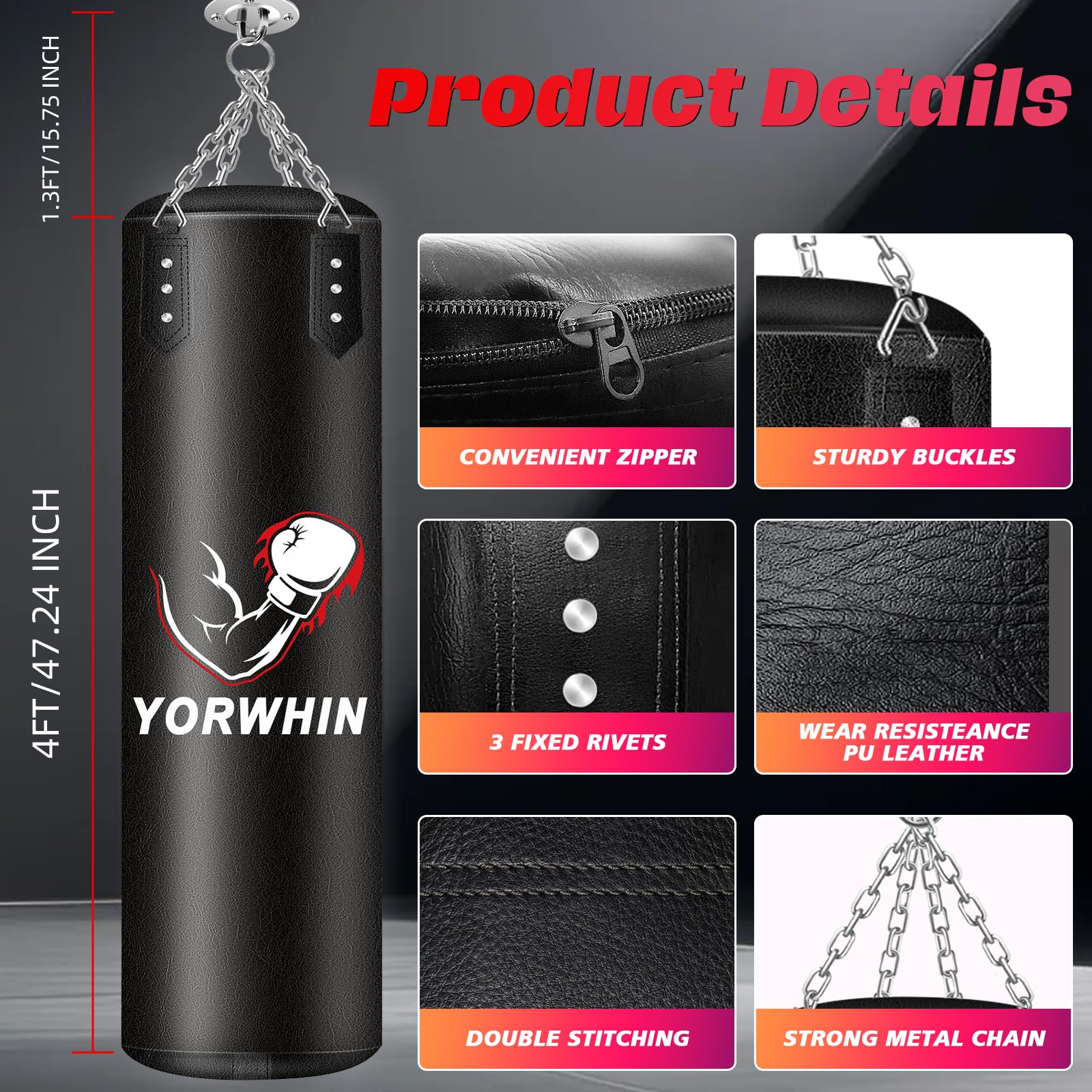 YORWHIN Sac de Frappe, Sac de Boxe Professionnel 120cm avec Gants et 5KG de Mousse Rembourrée pour Formation de MMA Muay Thai Kickboxing, avec Chaine Suspension Boxe Punching Bag