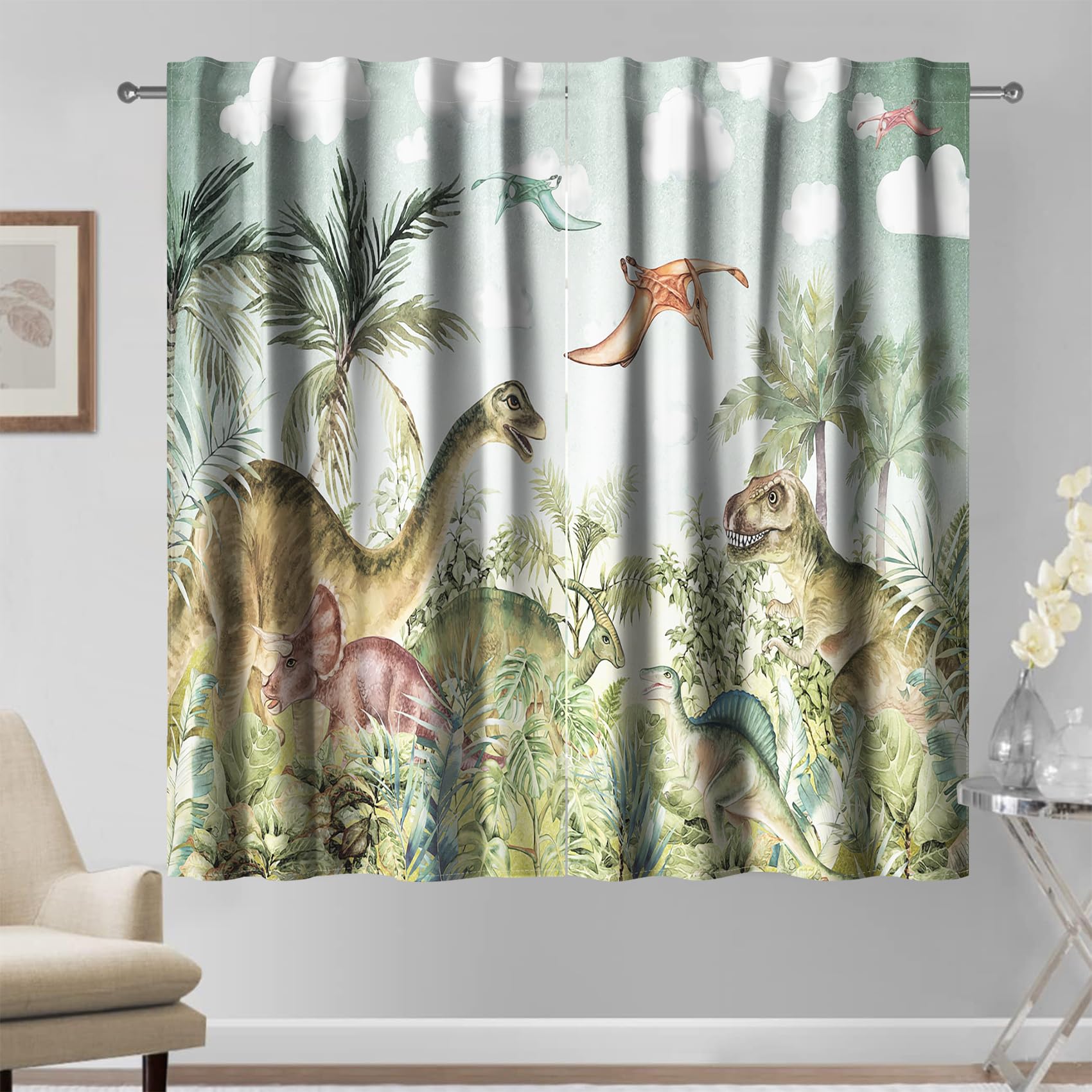 Kzzfqxb 107x215cm Cartoon Curtains 2 Panels, Jurassic Age Dinosaurs Homeland Green Plants Trees Lush Bushes Forest Painting Window Drapes, Fantasy Fun Decor for Kids Boys Bedroom Nursery