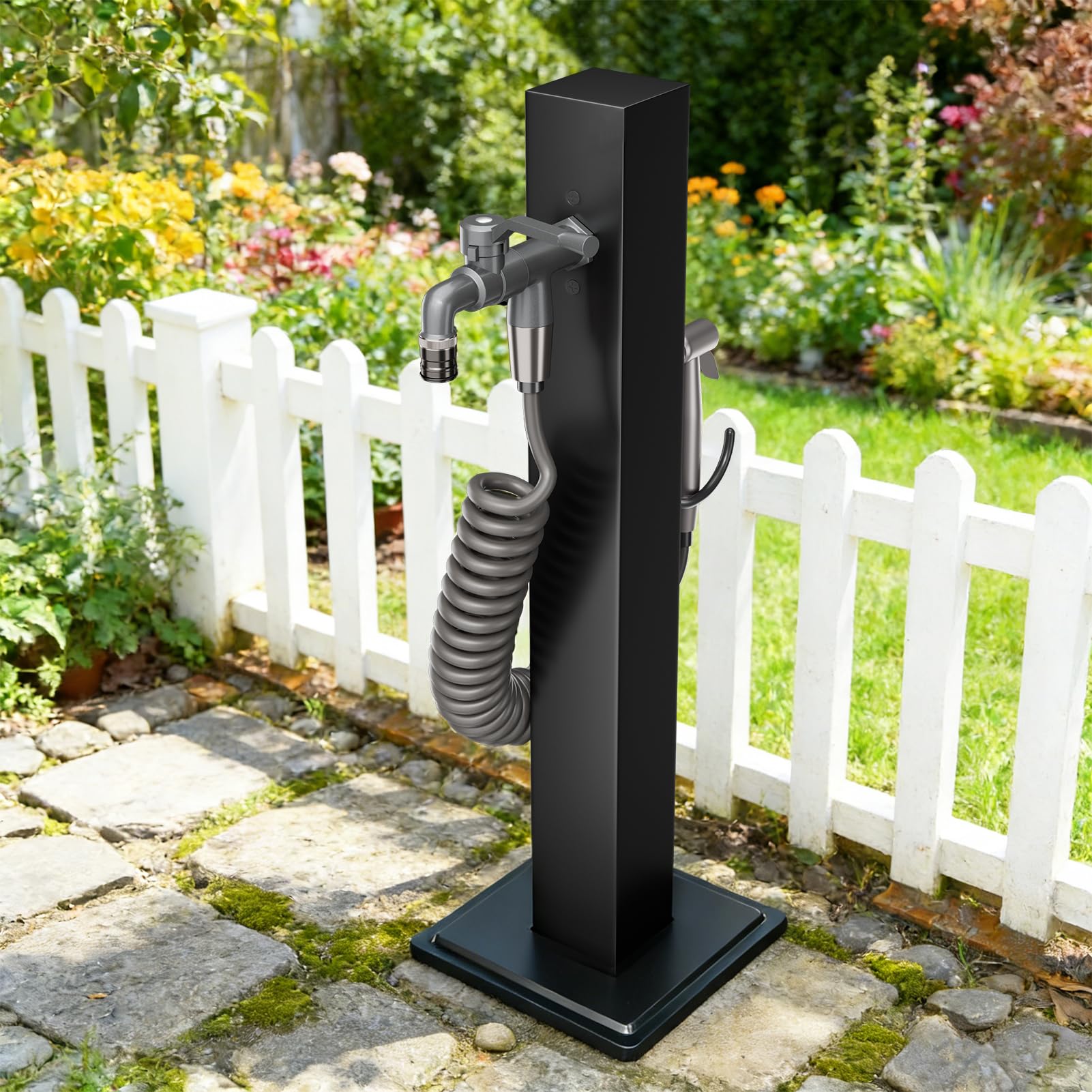 Columna de Agua para Jardín, Grifo de Jardín Negro con Pistola y Manguera, Columna de Grifo Exterior de Pie de Acero Inoxidable, Poste de Agua, Fuente Jardín, Resistente a Las Heladas 95 cm