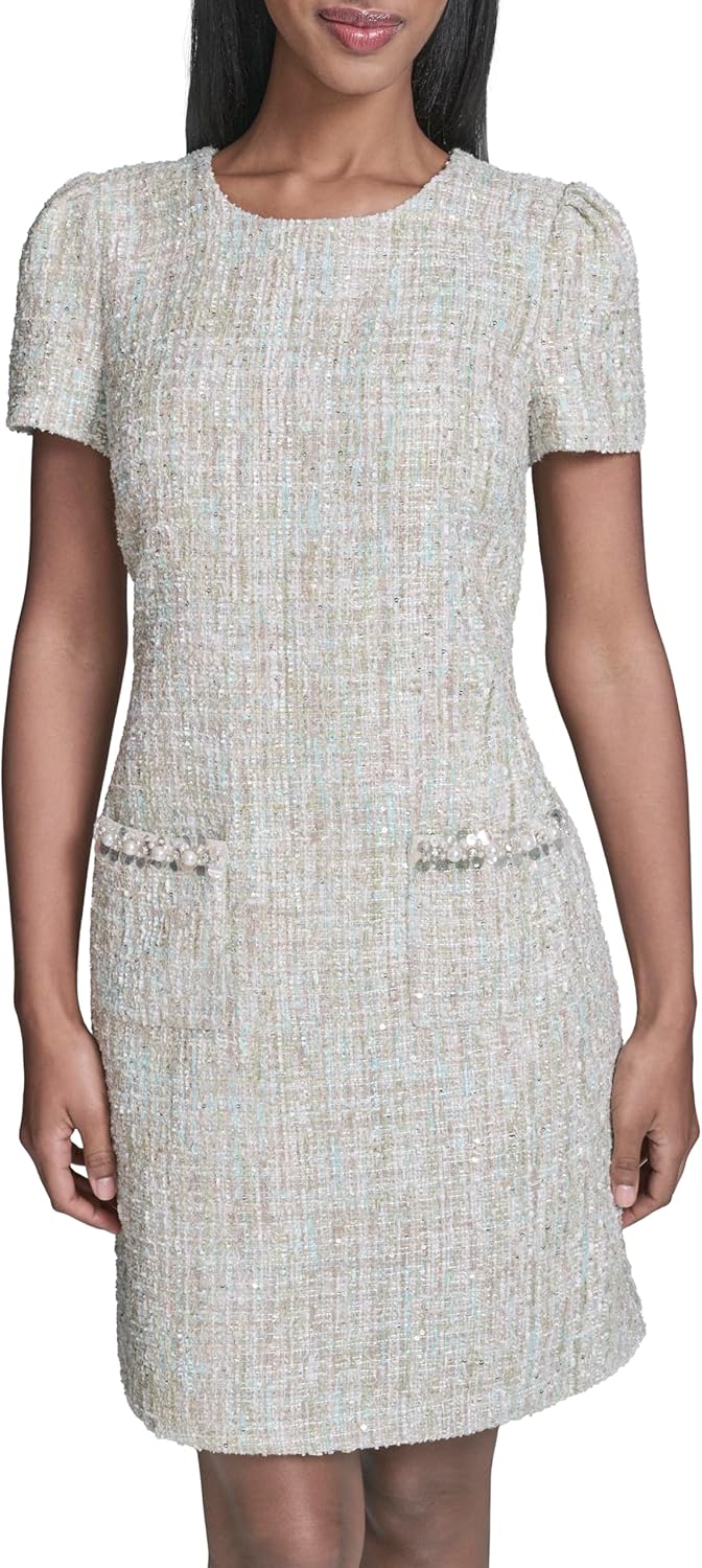 Karl Lagerfeld Women's Short Sleeve Crew Neck Sequin Textured Tweed a Line Dress