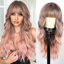 BOGSEA Ombre Pink Wig with Bangs Long Wavy Wigs for Women 26 Inch Middle Part Synthetic Heat Resistant Fiber Wigs for Daily Party Use Pink