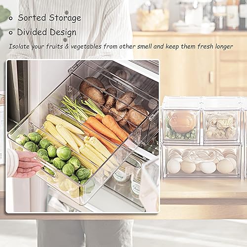 Miniatura 3 de Paquete de 3 contenedores organizadores de refrigerador con cajón extraíble, juego organizador de cajones apilables para refrigerador con asa,