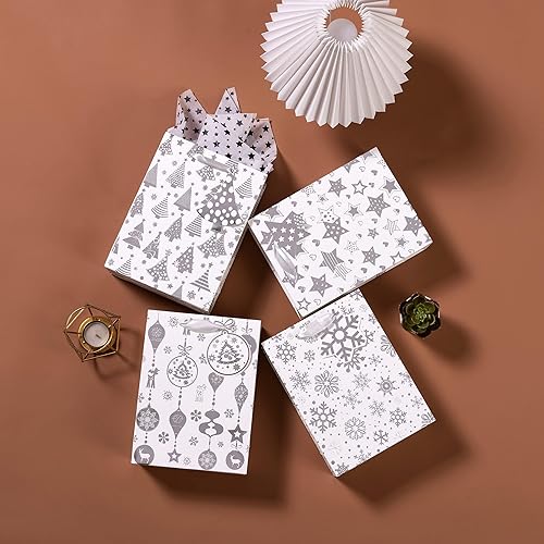 Miniatura 5 de OfficeCastle Paquete de 4 bolsas grandes de regalo de Navidad con papel de seda, bolsas de papel plateado de 13 pulgadas con asas, 10 x 4 x 13