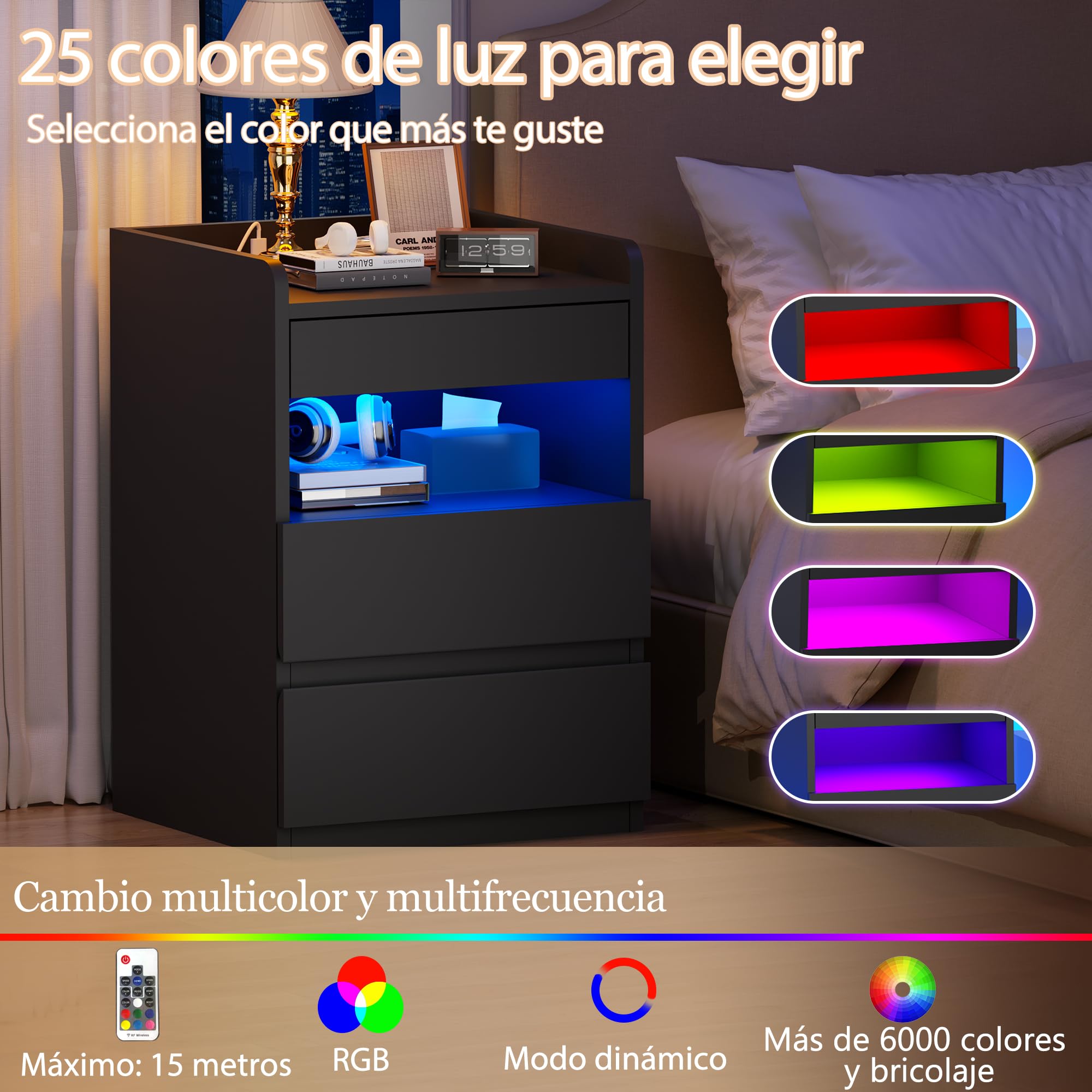 BEWISHOME Juego de 2 Mesitas de Noche,con Compartimento Oculto,con Luces LED y Estación de Carga Mesas Auxiliares（2 Tomas AC 2 Puertos USB）,para Salón,Dormitorio (Negro) EFCG02B