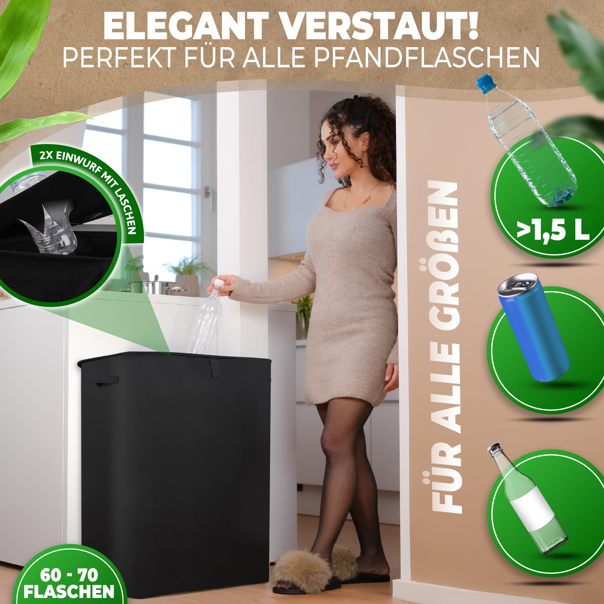 COTTARA® Pfandflaschen Sammelbehälter 2 Fächer - Stabiler Flaschensammler Leergut Behälter 160L mit 2 Tragetaschen - Praktischer Pfandbehälter, Pfandsammler, Pfandflaschen Aufbewahrung schwarz
